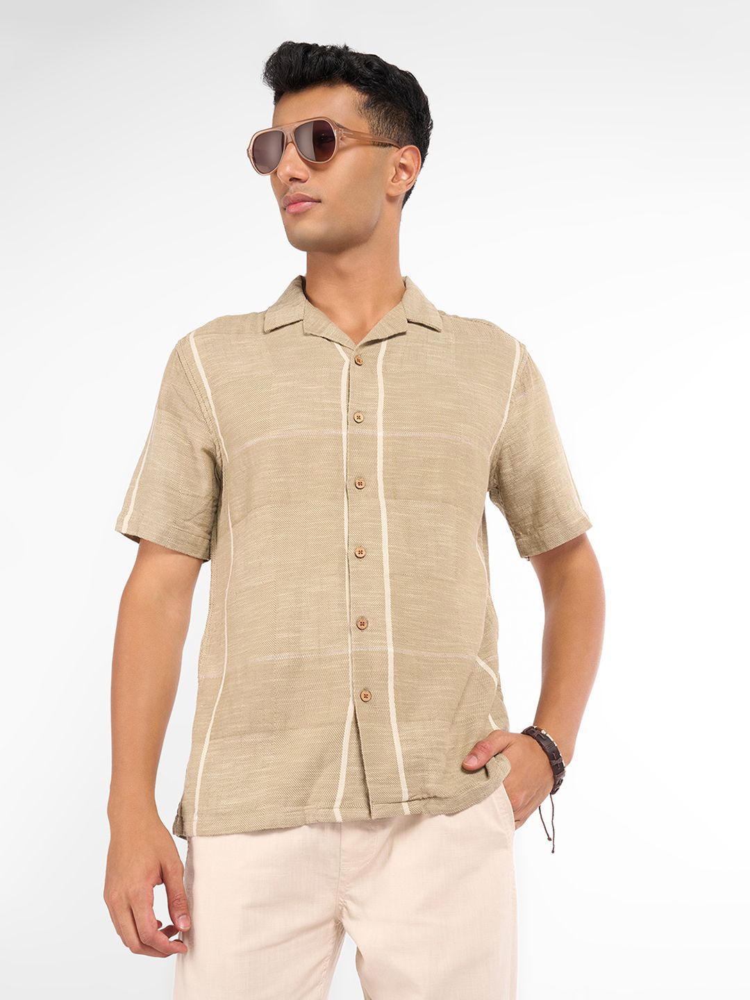7 Alt by Pantaloons Striped Cuban Collar Pure Cotton Casual Shirt
