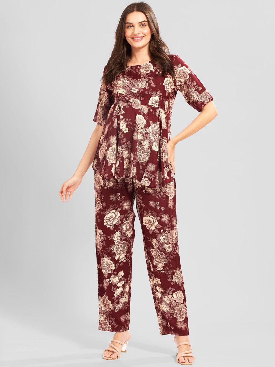 AV2 Printed Maternity Round Neck Top & Trousers Co-Ords Set