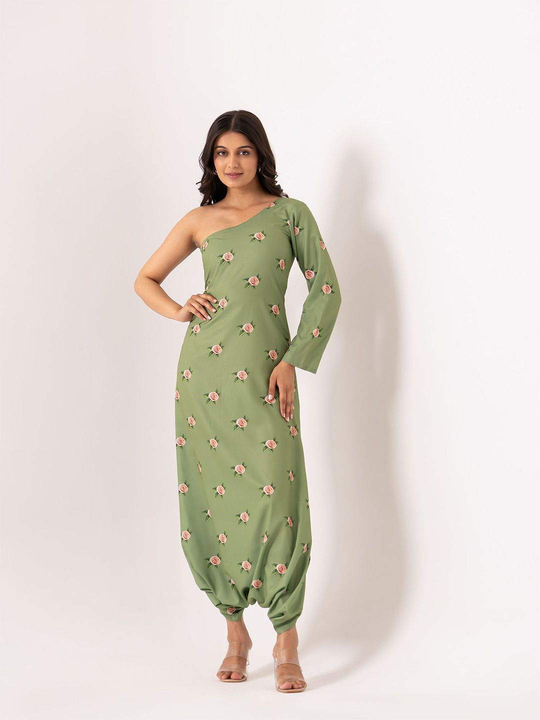 Pasha Seafoam Green One-Shoulder Dhoti Jumpsuit
