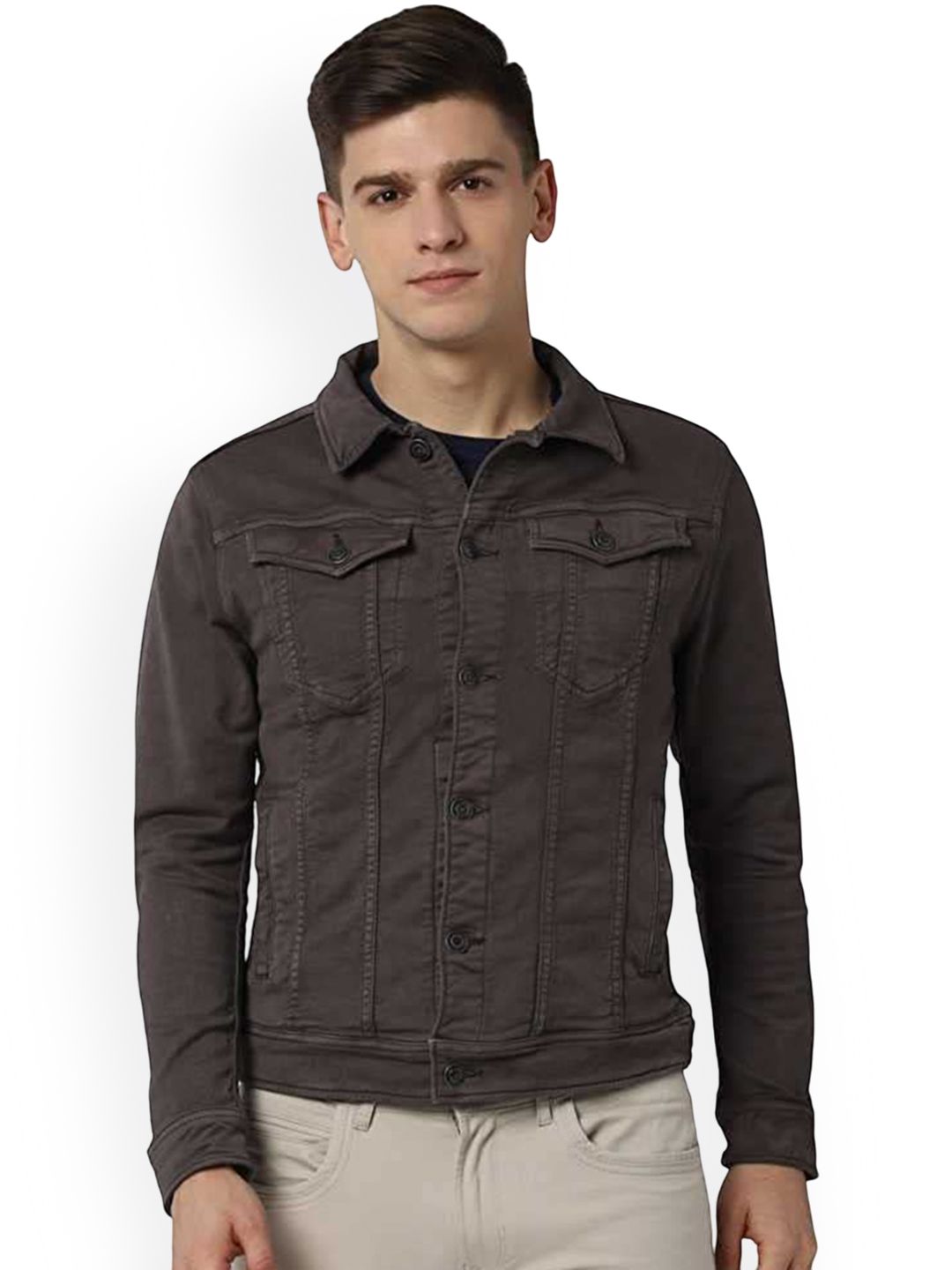 KLIZEN Geometric Self Design Spread Collar Denim Jacket