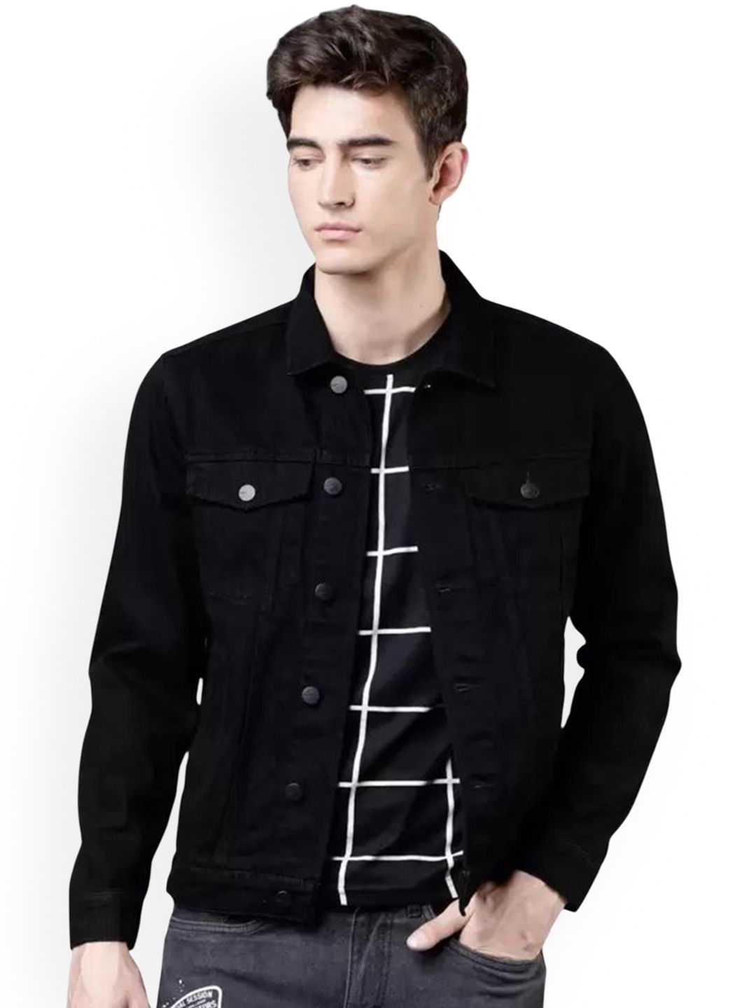 SZN Men Solid Spread Collar Denim Jacket