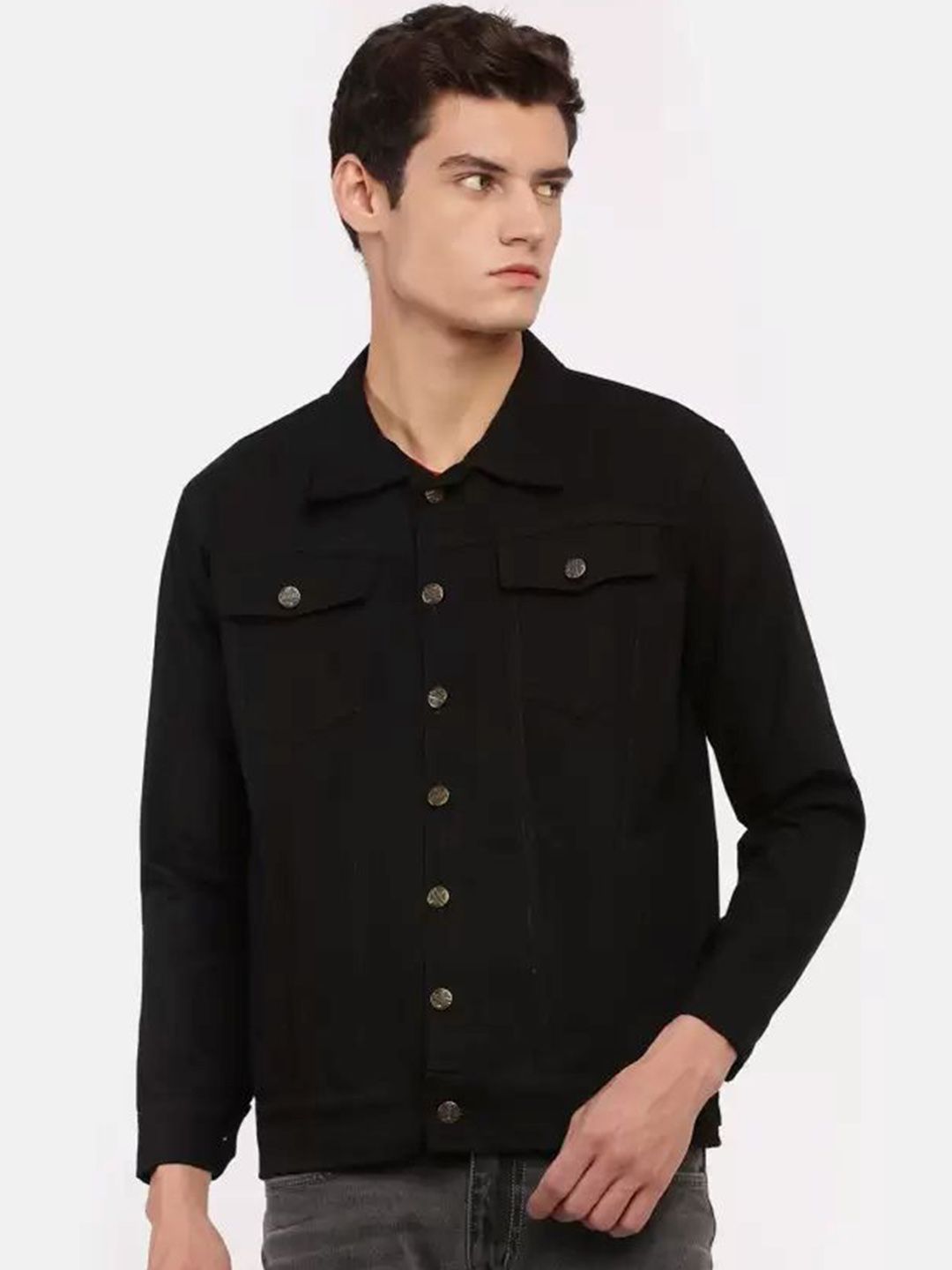 SZN Men Solid Spread Collar Denim Jacket