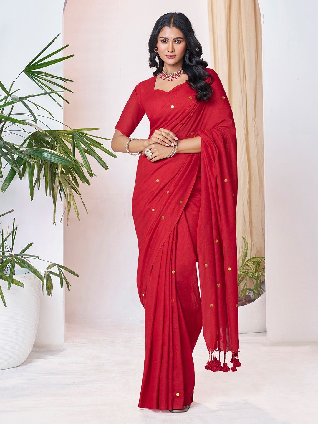 Mitera Ethnic Motifs Sequinned Linen Blend Saree