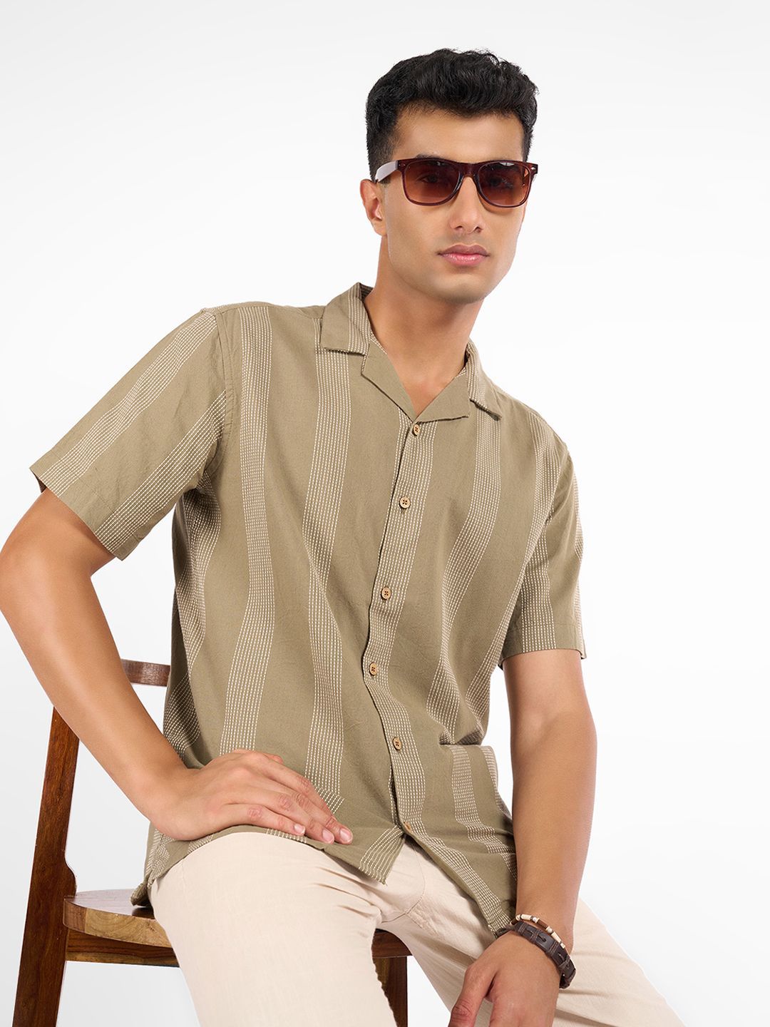 7 Alt by Pantaloons Striped Embroidered Cuban Collar Pure Cotton Casual Shirt