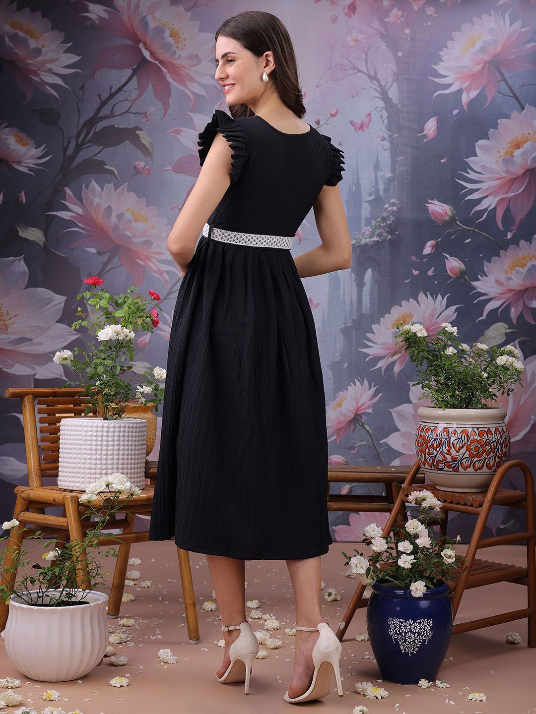 Buy YANAMORA Women Striped Belted Fit & Flare Midi Dress - Dresses