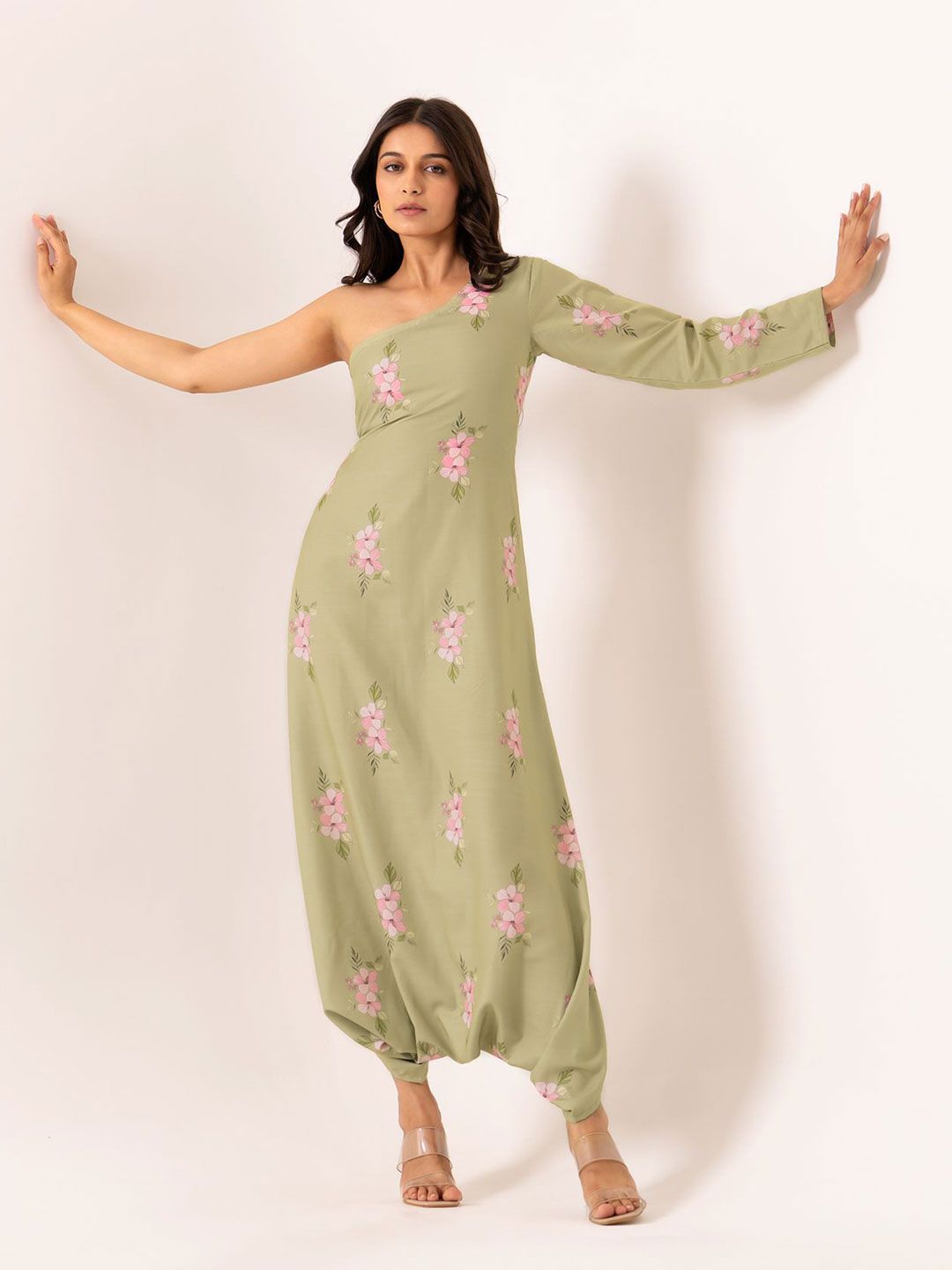 Pasha Women Pickle Green One-Shoulder Dhoti Jumpsuit