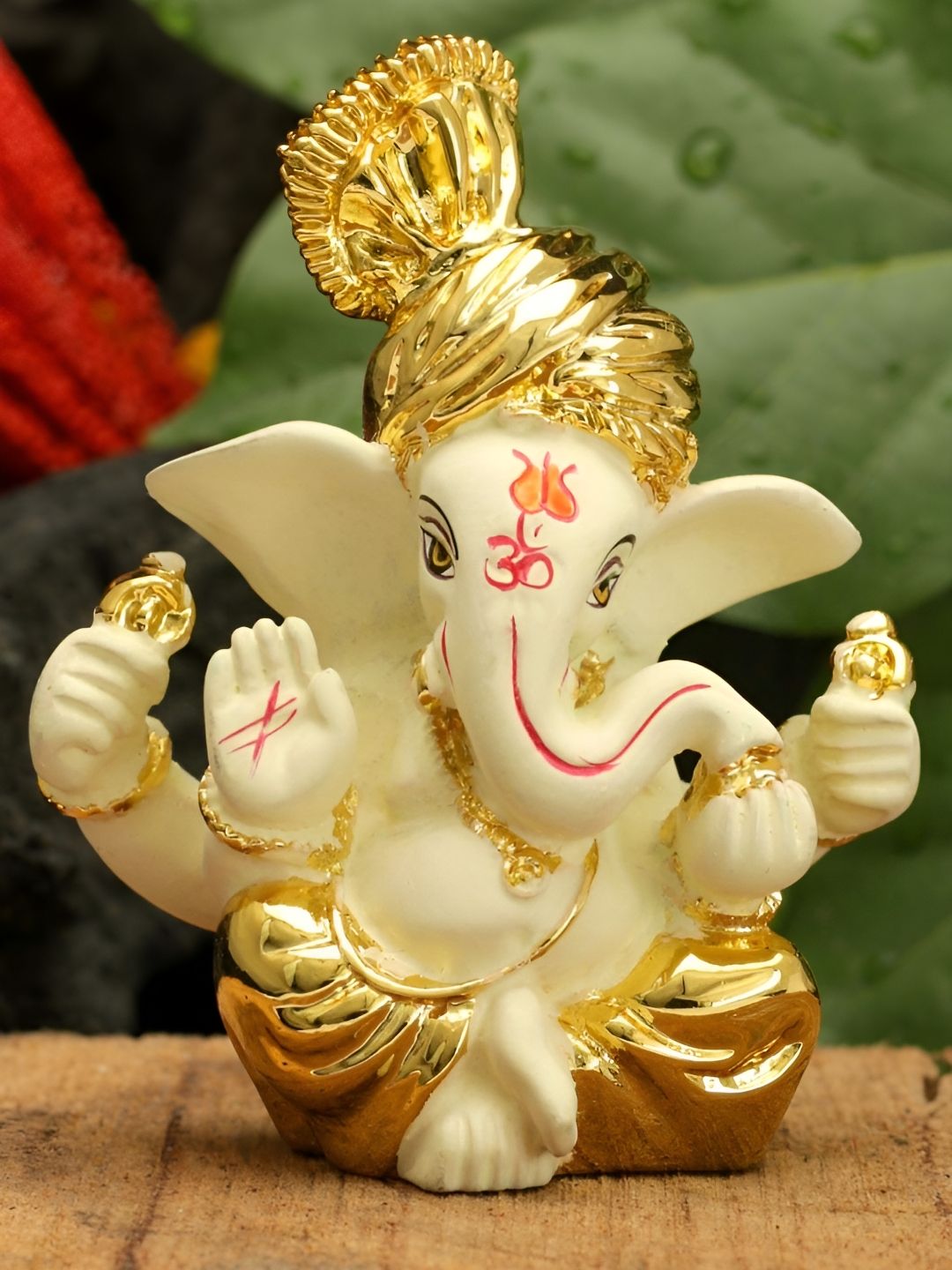 Aura White & Gold Toned Lord Ganesha Religious Ceramic Idol Showpiece