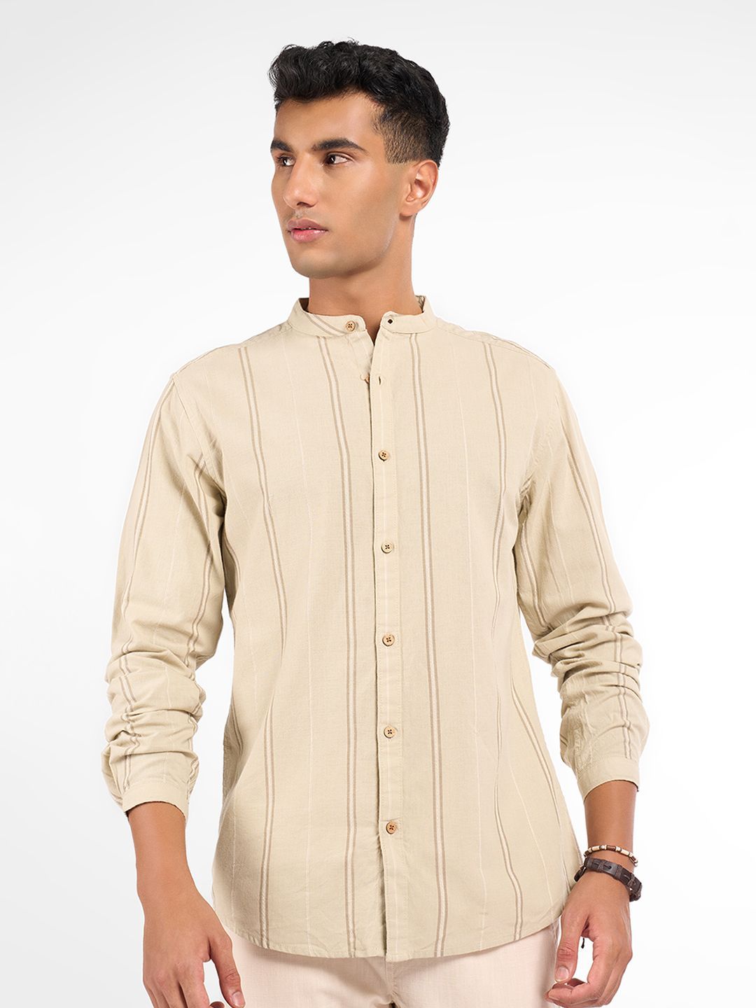 7 Alt by Pantaloons Men Vertical Stripes Mandarin Collar Casual Shirt