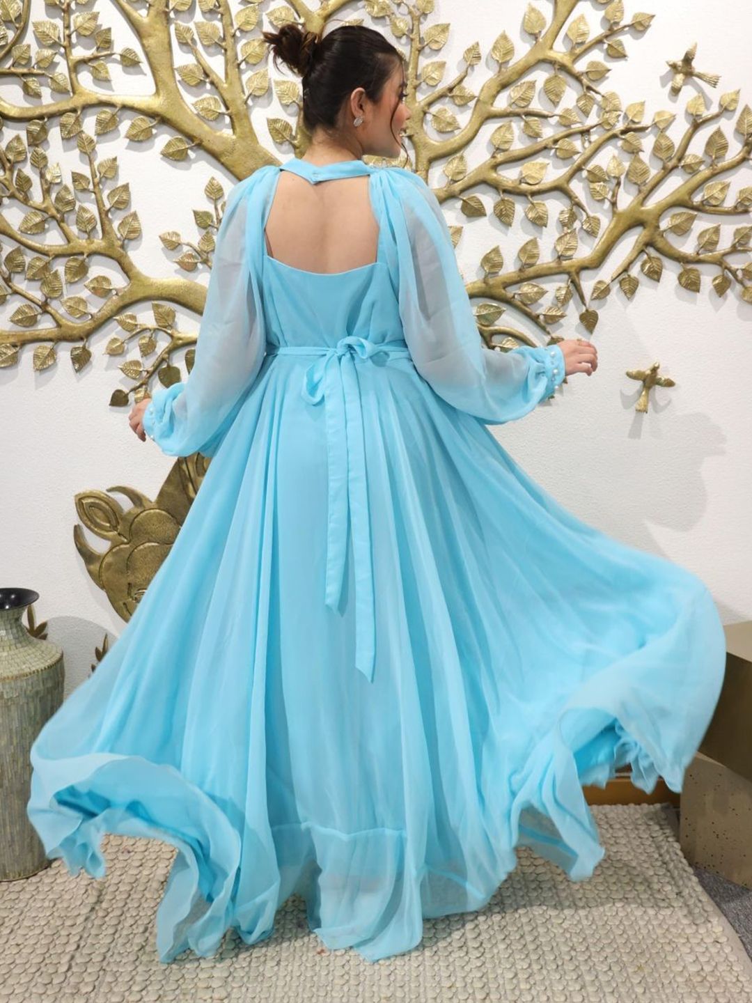 Buy Swadeshi Shringaar Women Heavenly Sky Blue Georgette Dress With Cape Sleeves - Dresses for Women 34153654