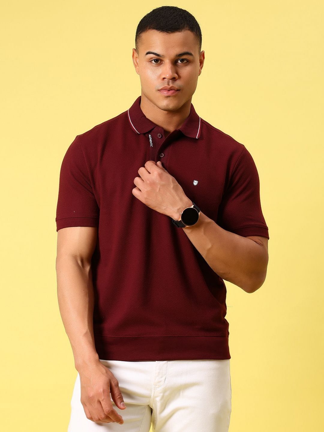 V-Mart Self Design Polo Collar T-shirt
