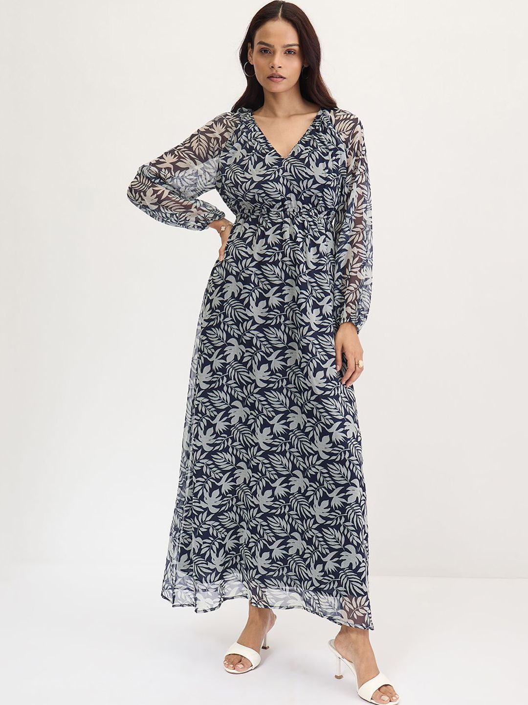 FEMMELLA  Women Tropical Print Puff Sleeve Chiffon Maxi Dress