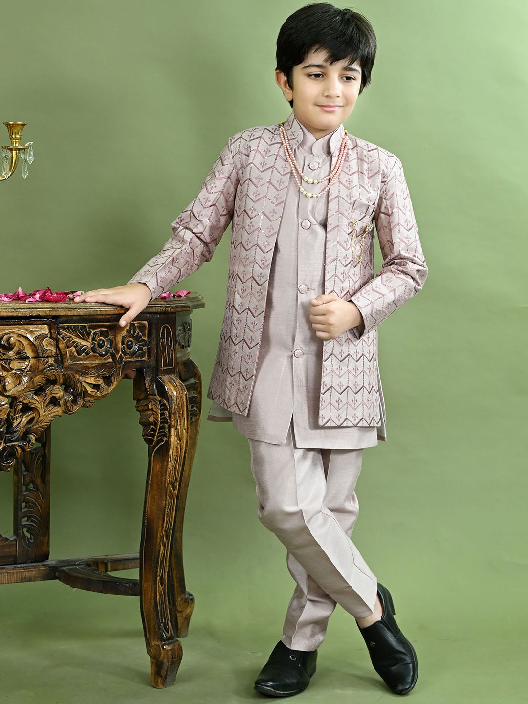 BT DEZINES Boys Zig Zag Sequined Embroidered Raw Silk Sherwani Set
