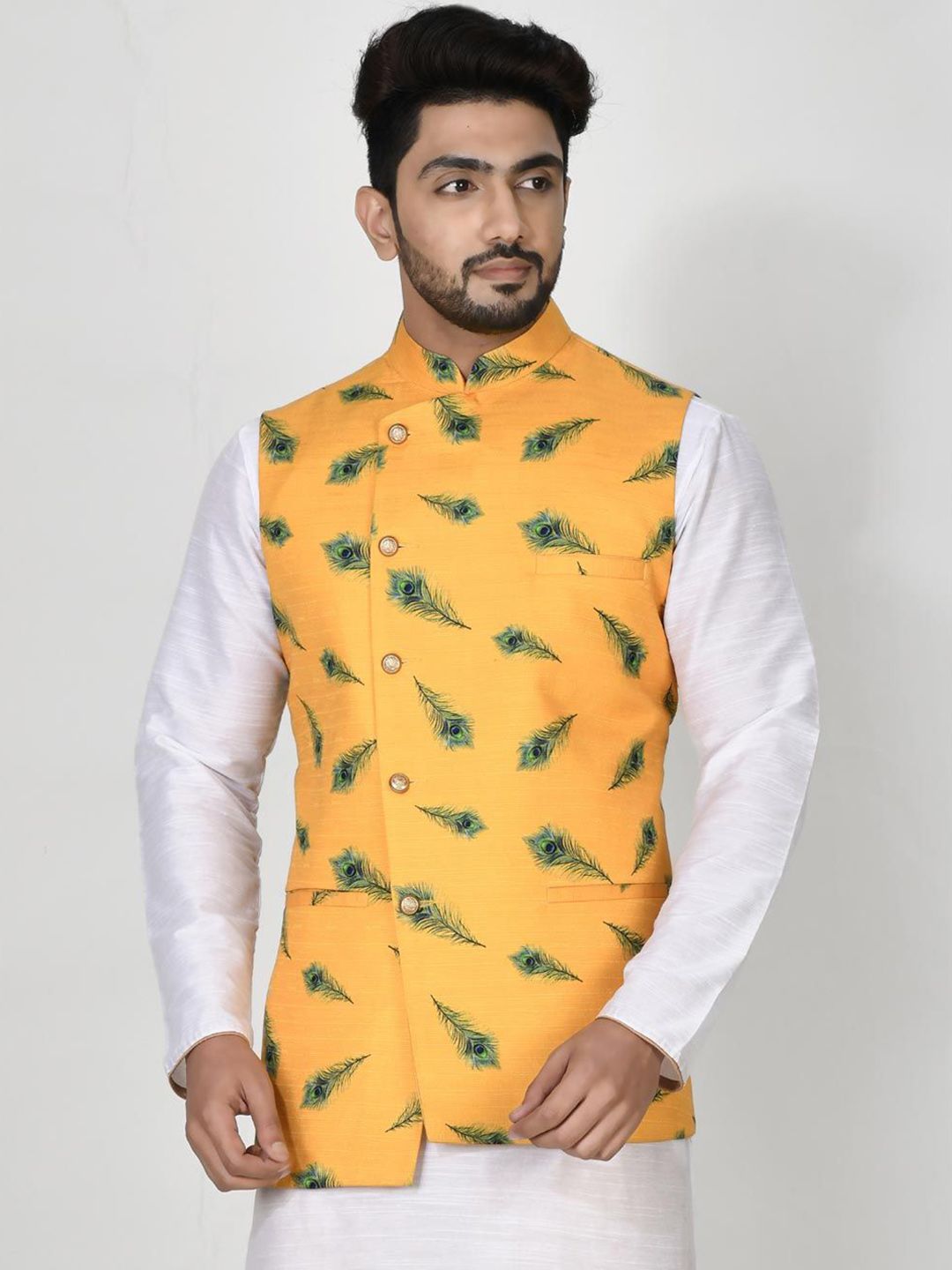 RANAK Digital Printed Dupion Silk Woven Nehru Jacket