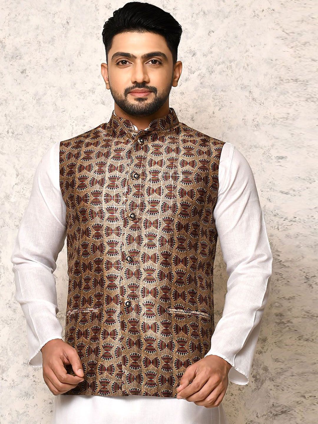 RANAK Digital Printed Mock Collar Nehru Jacket