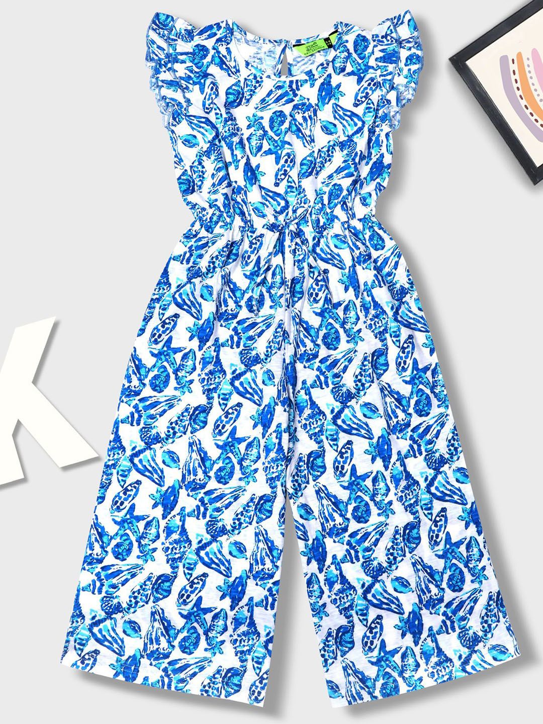 Tiara Girls Floral Printed  Pure Cotton Jersey Jumpsuit With Flutter Sleeves