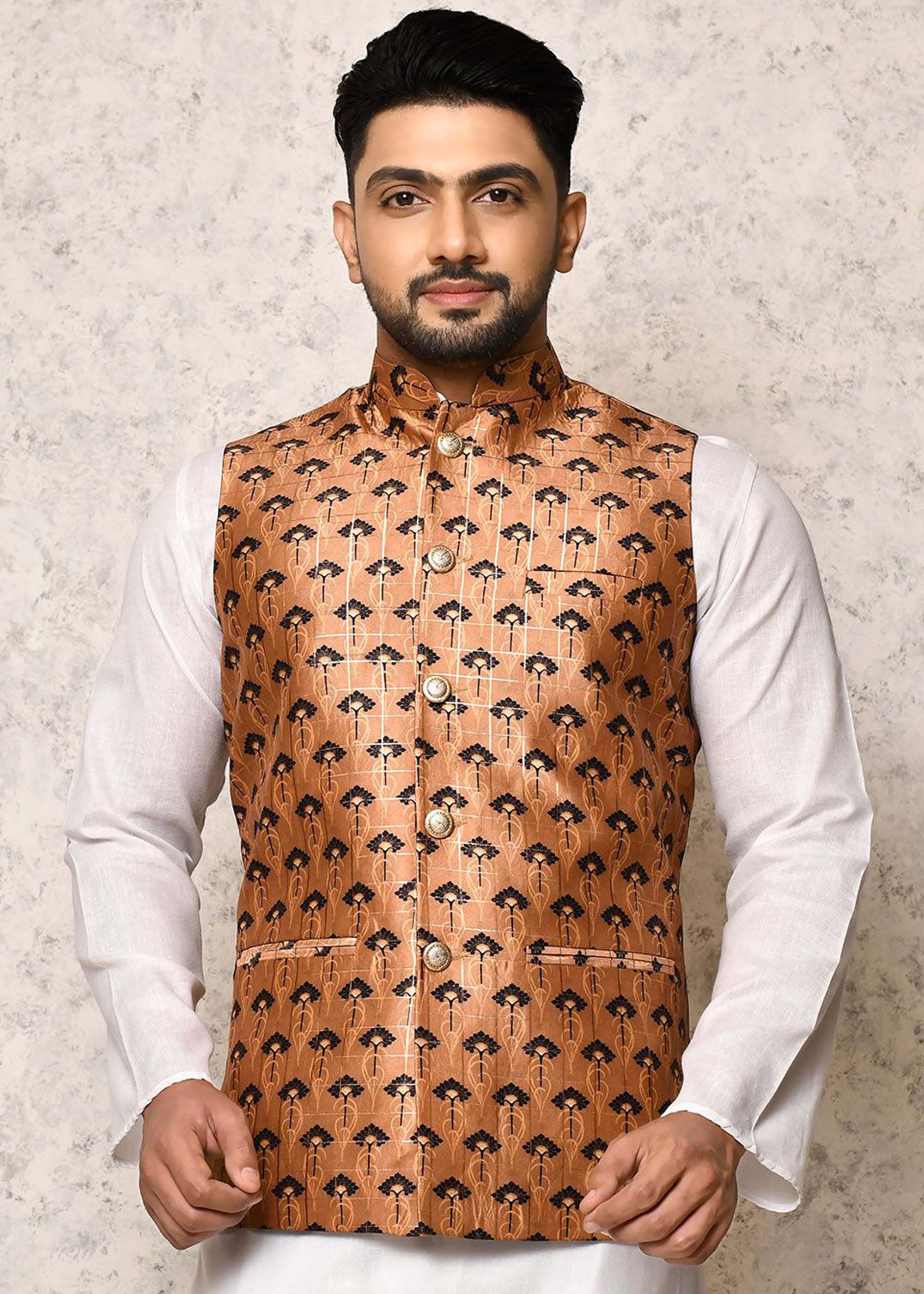 RANAK Digital Printed Art Silk Nehru Jacket