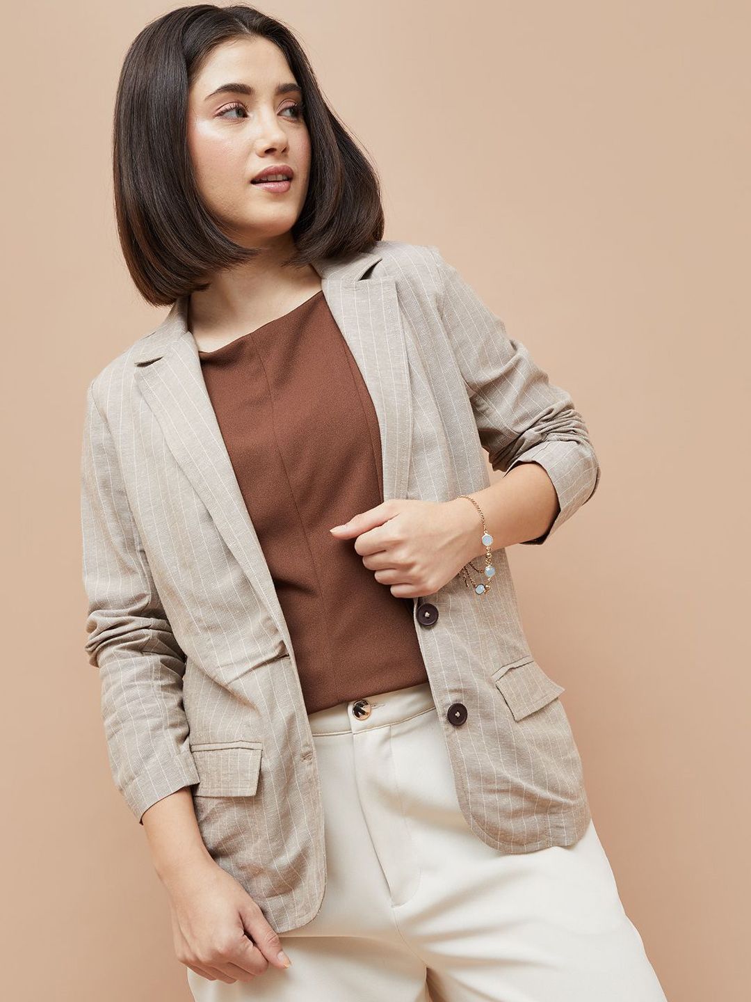 CODE by Lifestyle Women Striped Lapel Collar Tailored Jacket