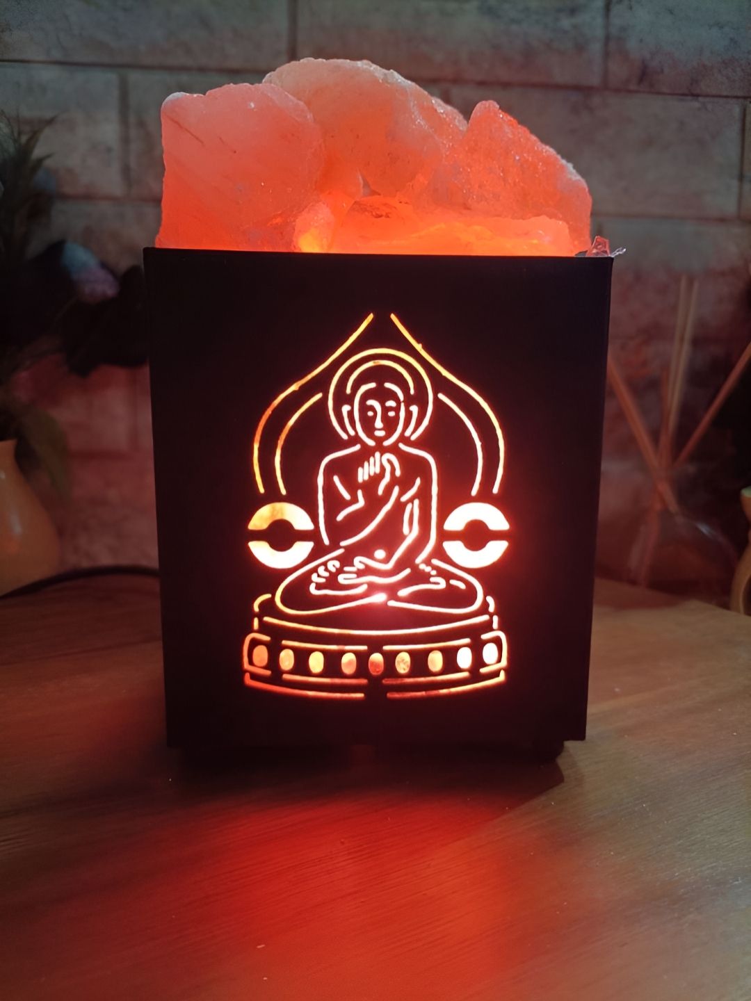 GLOBAL AROMA Namokar Mantra Warm Yellow Metal Square High Quality Electrical Table Lamps