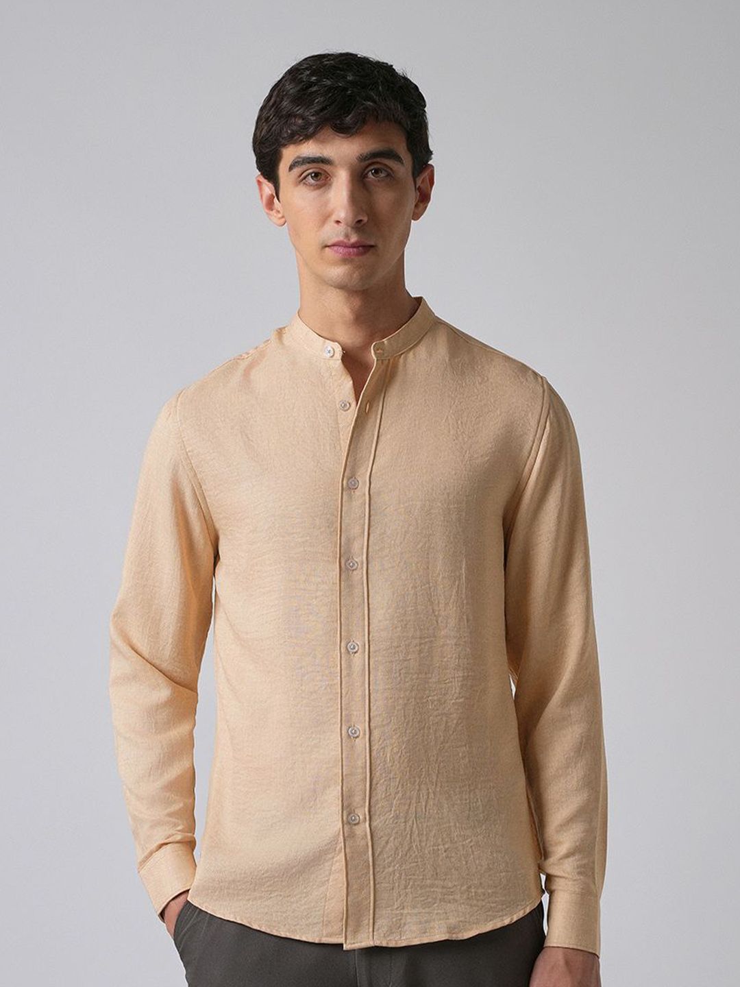 Banana Club Banana Club Men Light Tan Plain Mandarin Collar Shirt