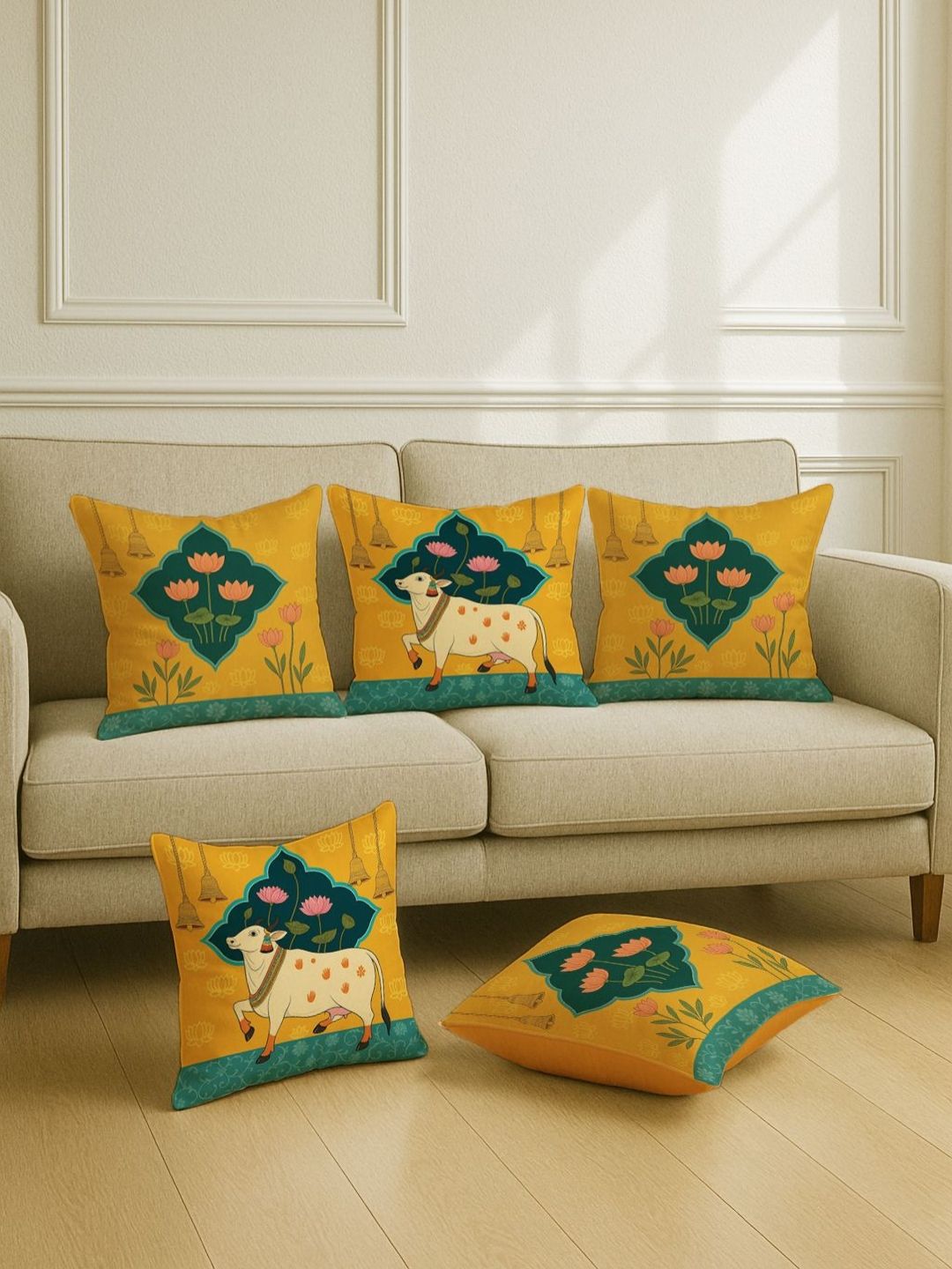 STITCHNEST Set of 5 Mustard & Green Ethnic Motifs 16'' x 16'' Cushion Cover