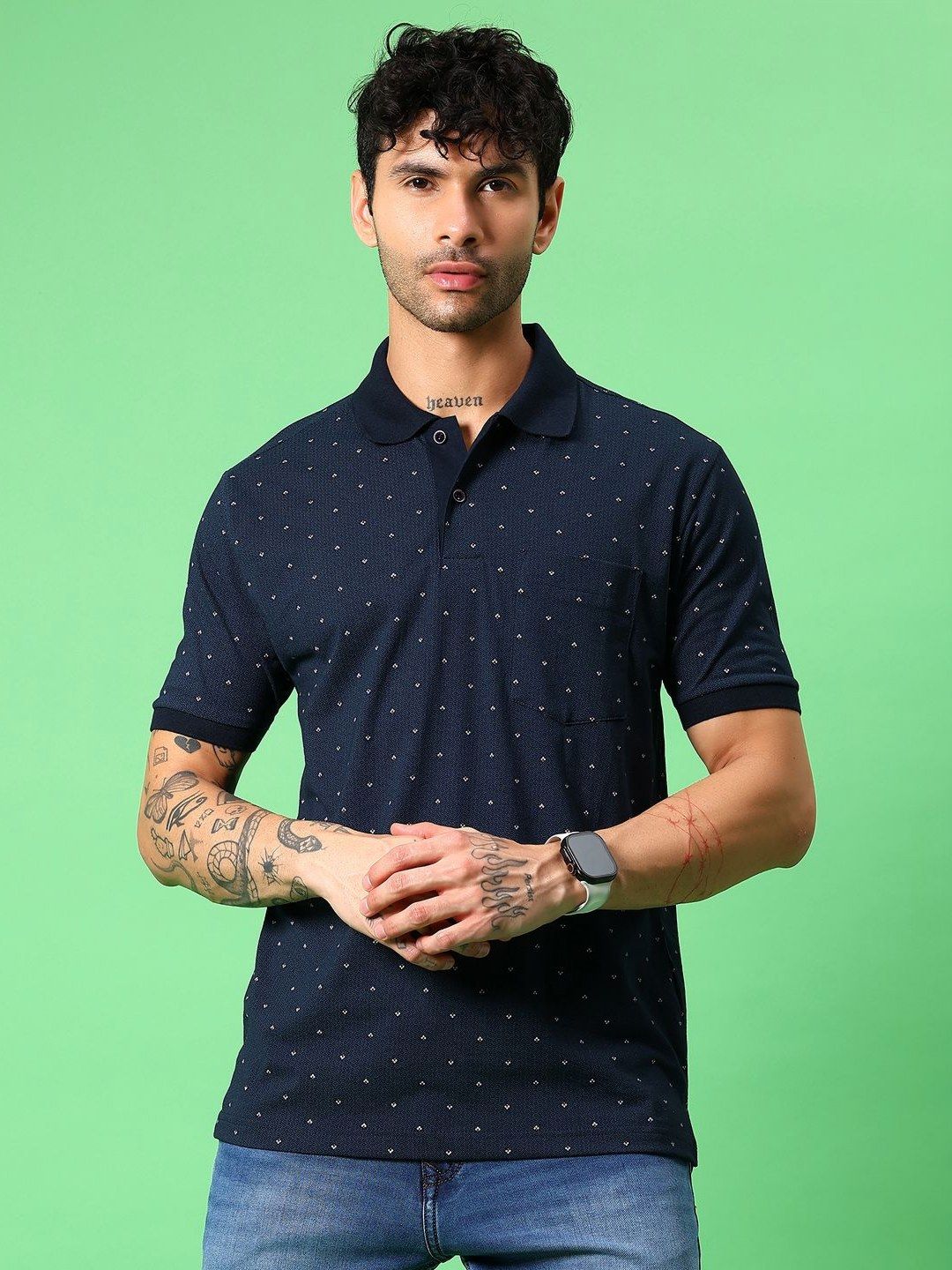 V-Mart Geometric Printed Polo Collar Extended Sleeves Cotton T-shirt