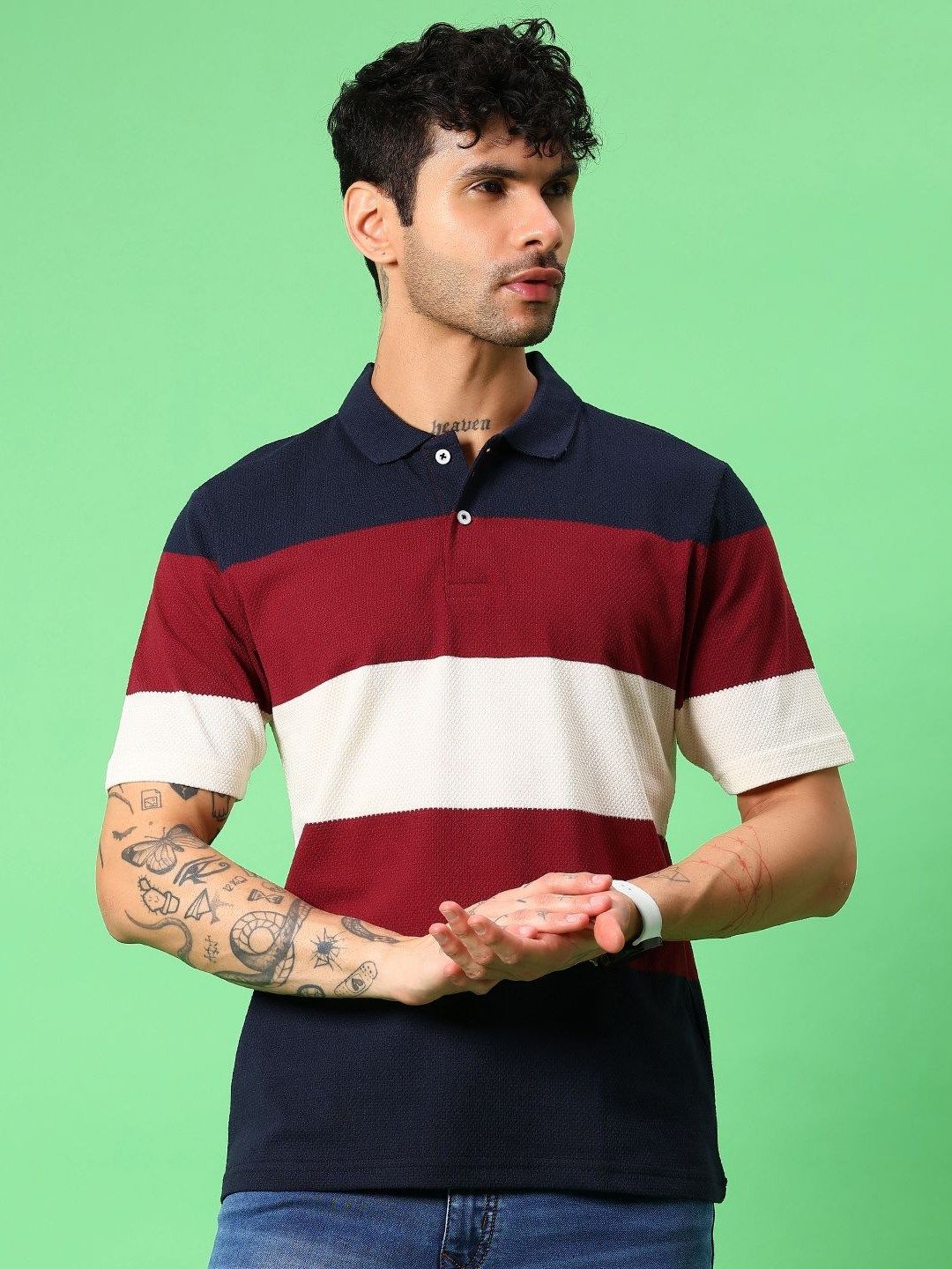 V-Mart Striped Polo Collar Applique T-shirt