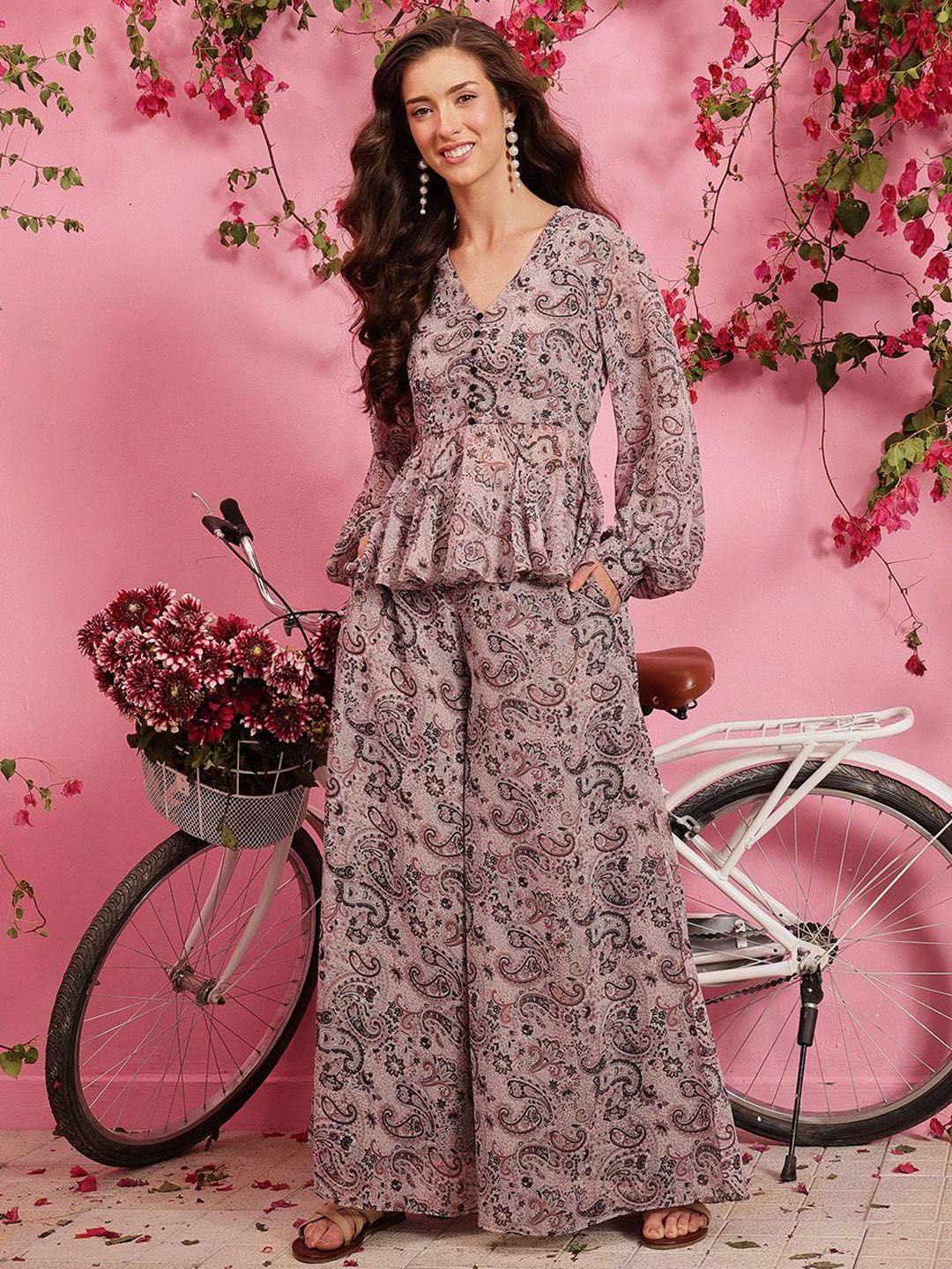 QUIERO Meher Printed V-Neck Top With Palazzos Co-Ords