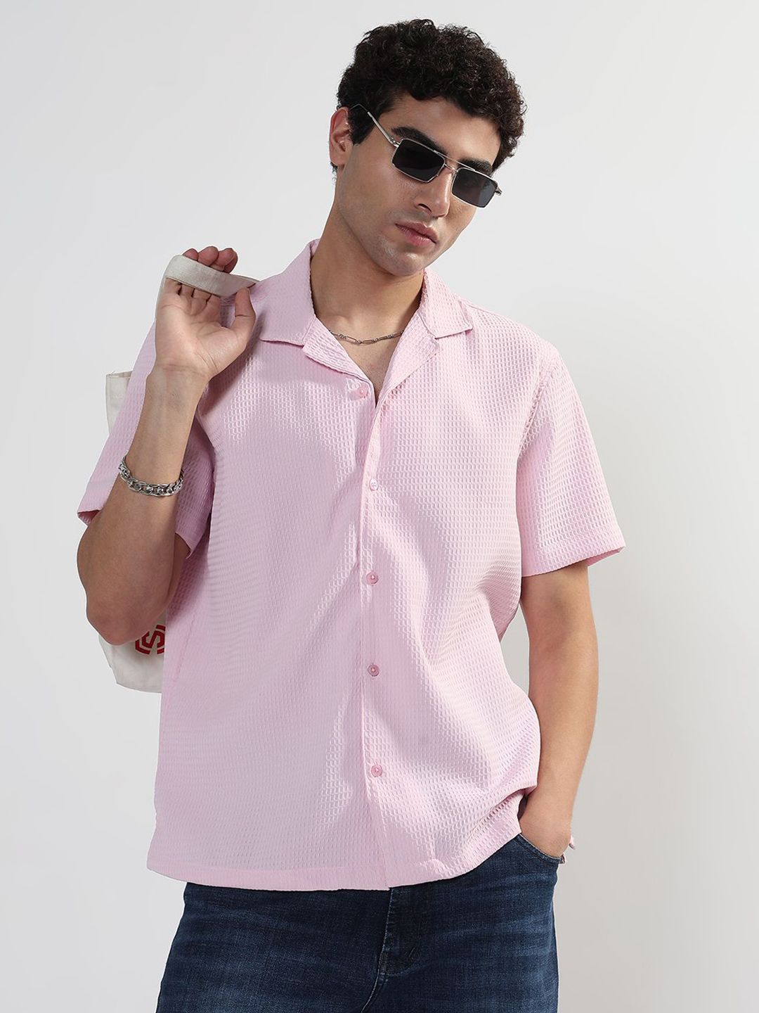 SHOWOFFFF Comfort Textured Cuban Collar Relaxed Fit Casual Shirt