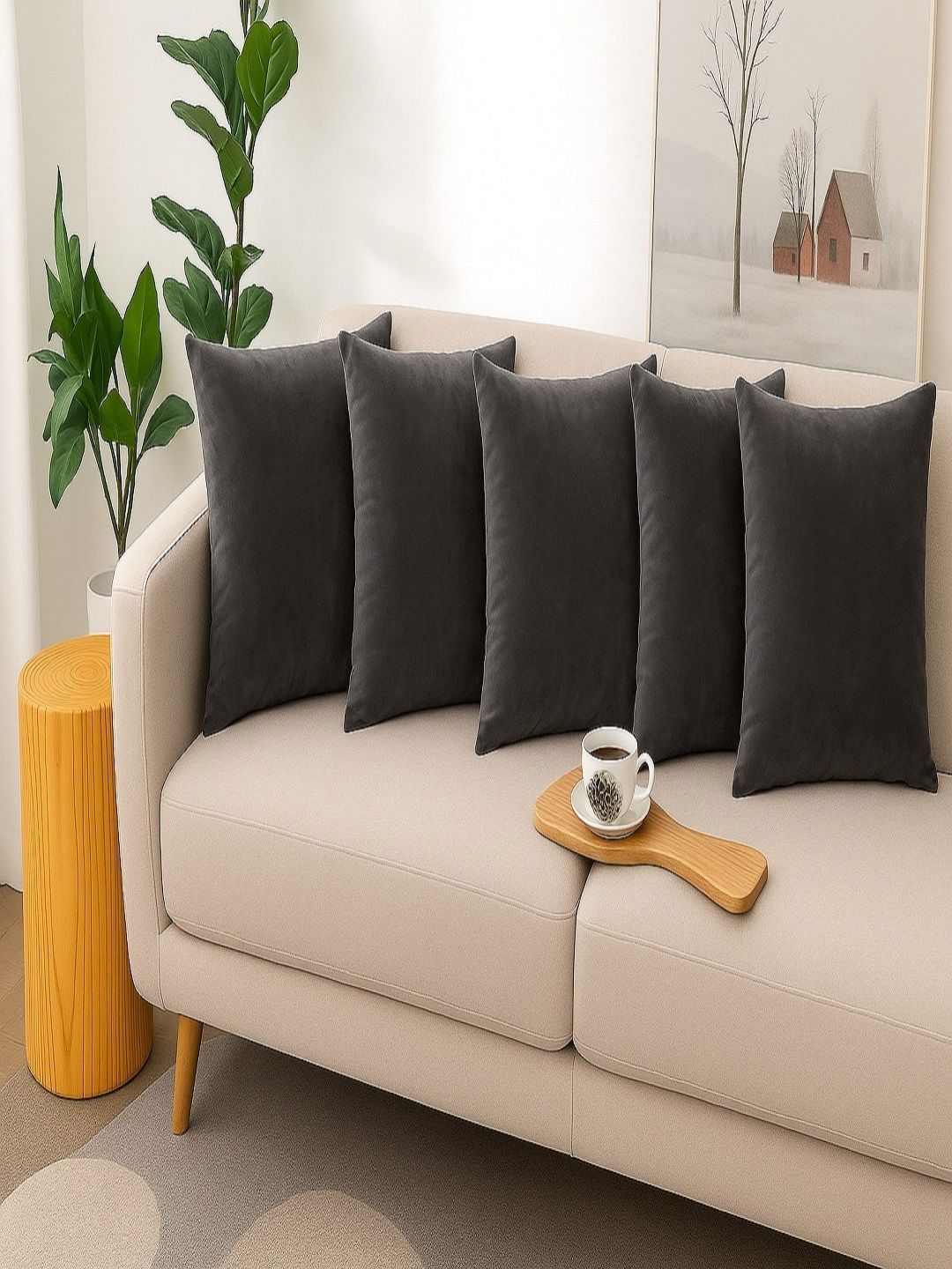Aura Grey Velvet Washable 5 Pcs Square Cushion Covers - 16 x 16 In