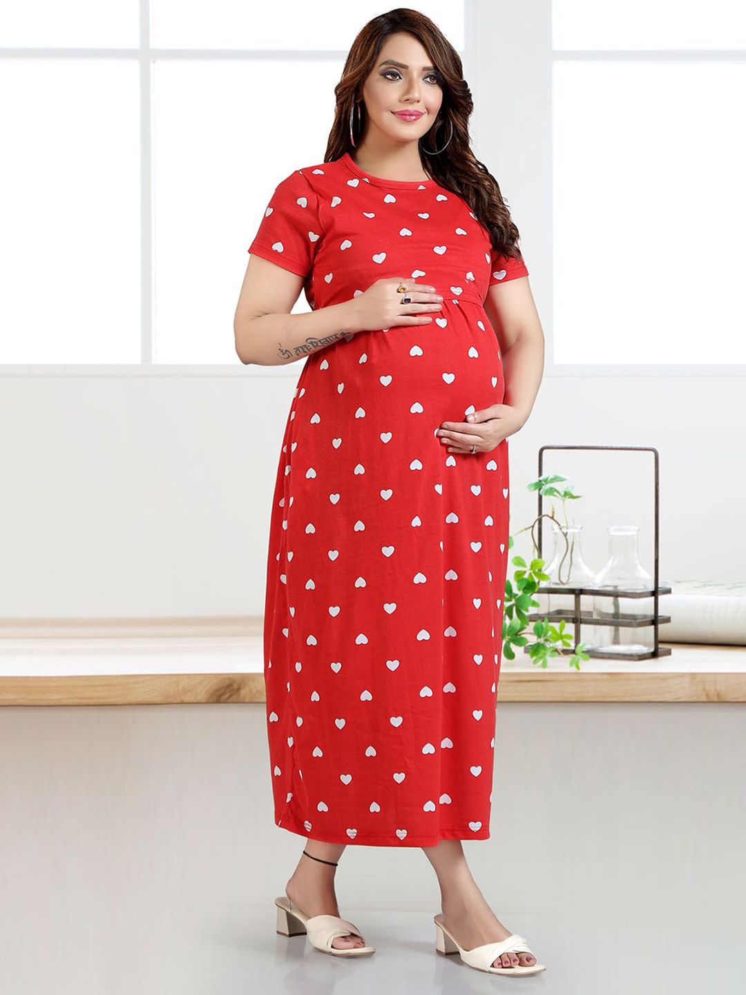 MomsBae Women Conversational Printed Maternity Maxi Nightdress