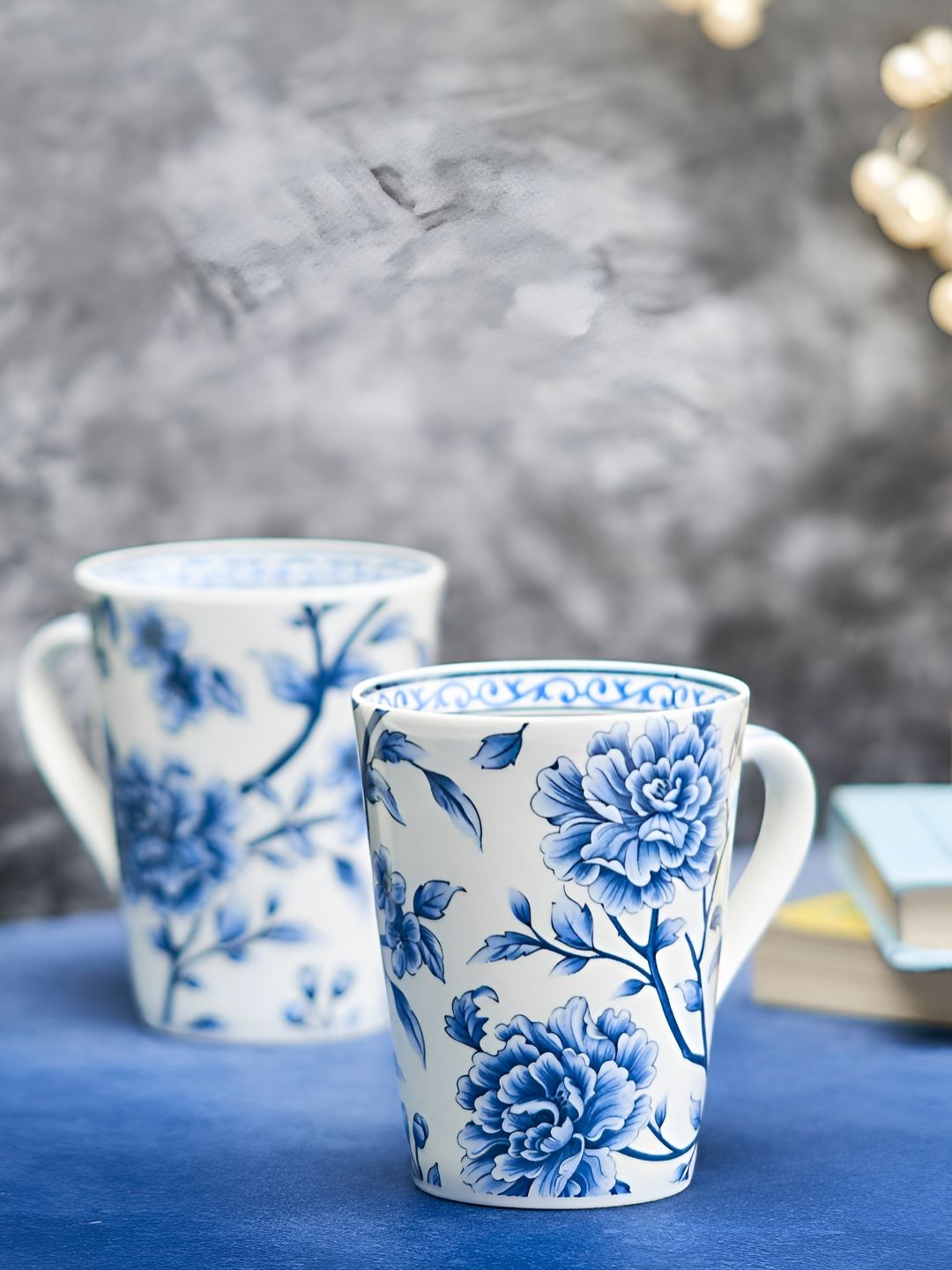 GOLDEN QUEEN'S Blue Floral Ceramic Microwave Safe 2 Piece Mugs-300ml