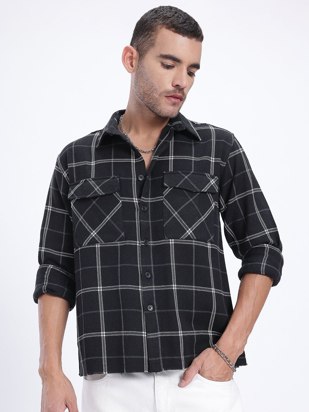 Buy glitchez Checked Raw Hem Relaxed Fit Shirt - Shirts for Men