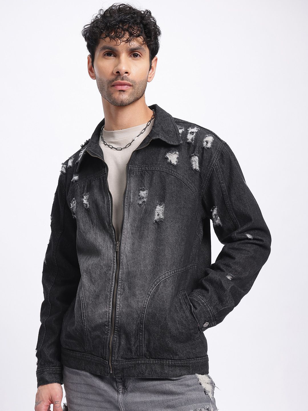 Buy glitchez Ripped Light Fade Distressed Denim Jacket - Jackets