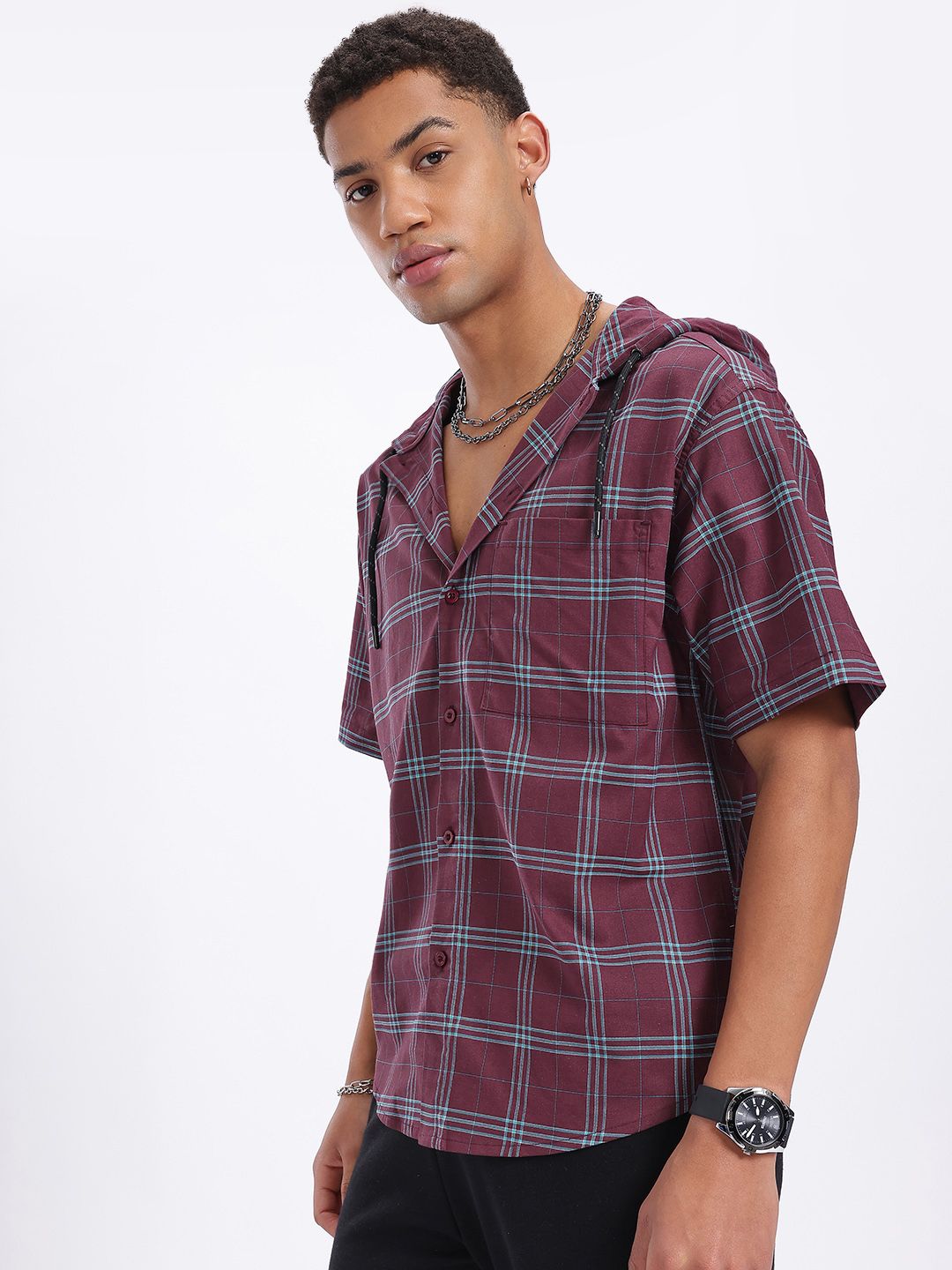 glitchez Hooded Checked Relaxed Fit Shirt