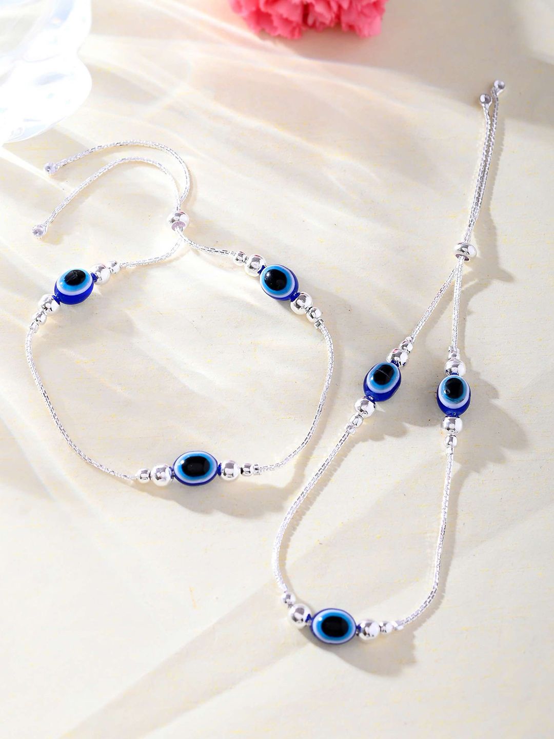 DIVASTRI Set Of 2 Sttainless Steel Silver-Plated Artificial Stones Beaded Anklet