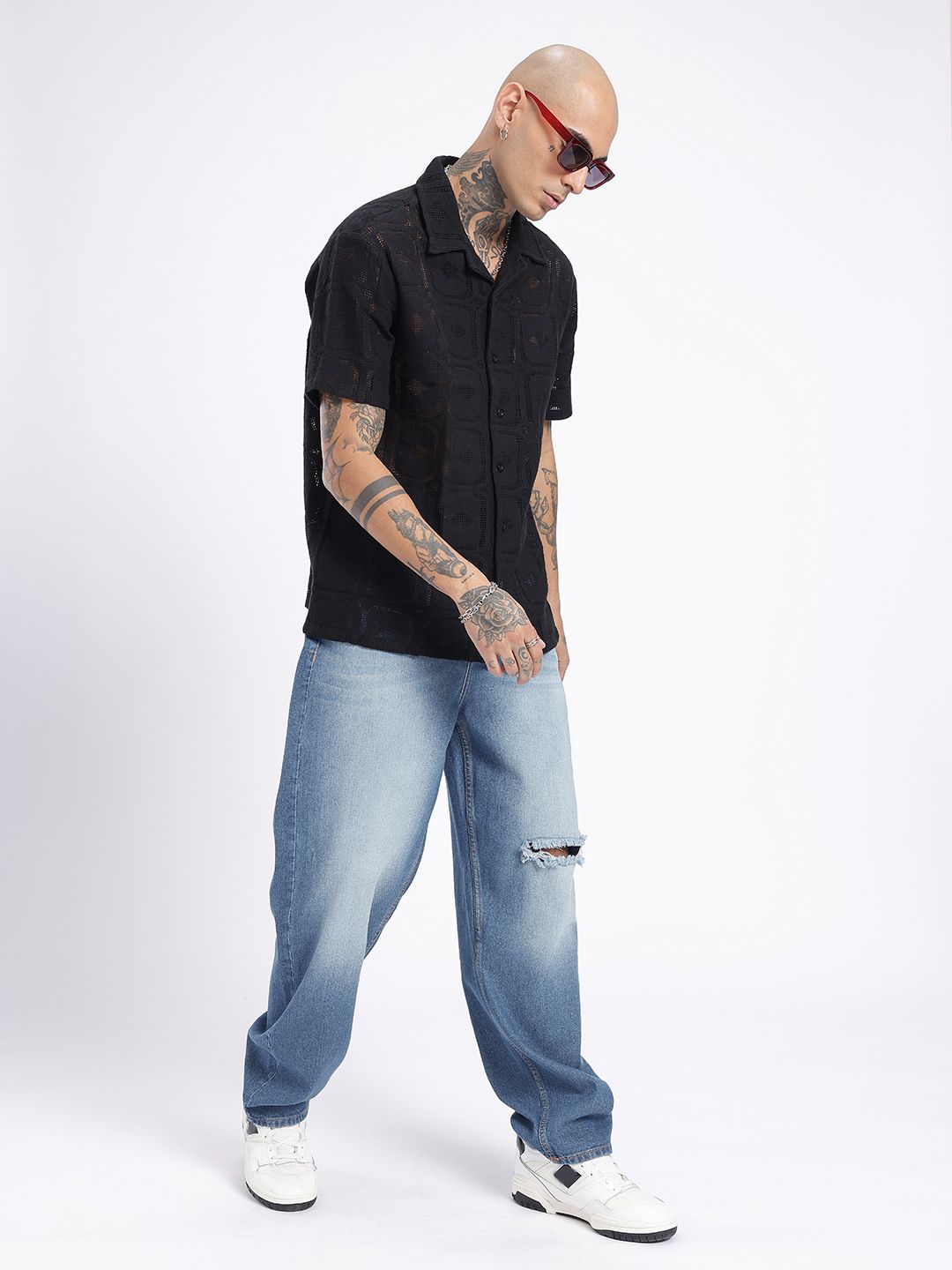 Buy glitchez Men Baggy Loose Fit Slash Knee Heavy Fade Jeans