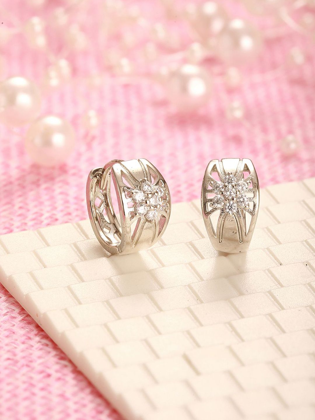Jazz and Sizzle Silver Plated American Diamond Contemporary Hoop Earrings
