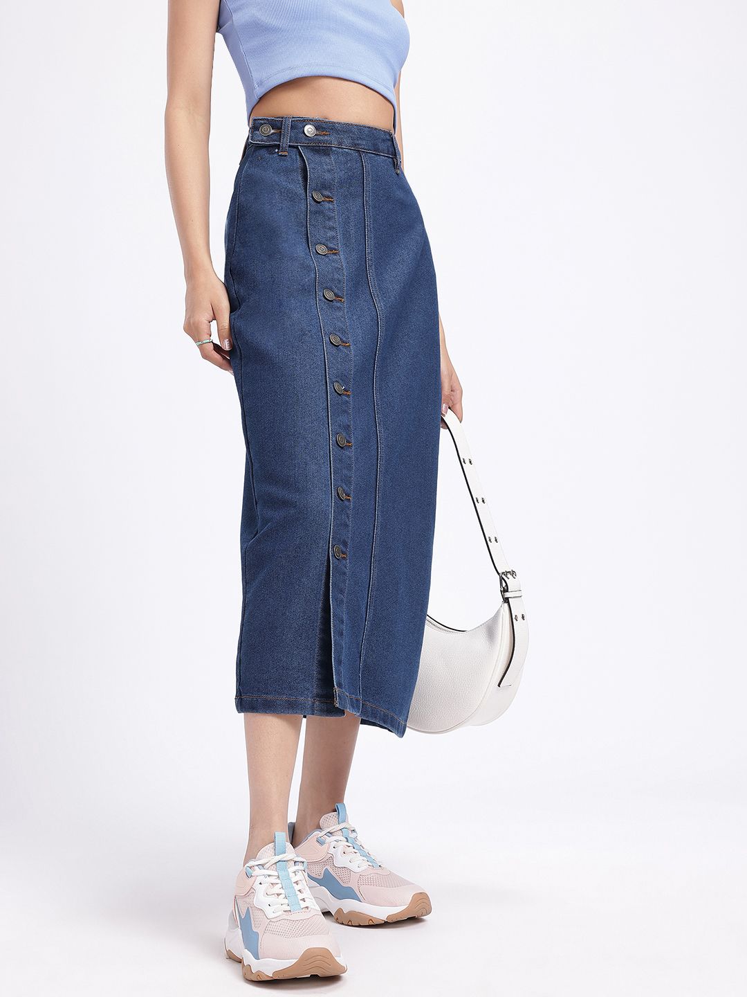 glitchez Midi Straight Denim Skirt with Side Slit