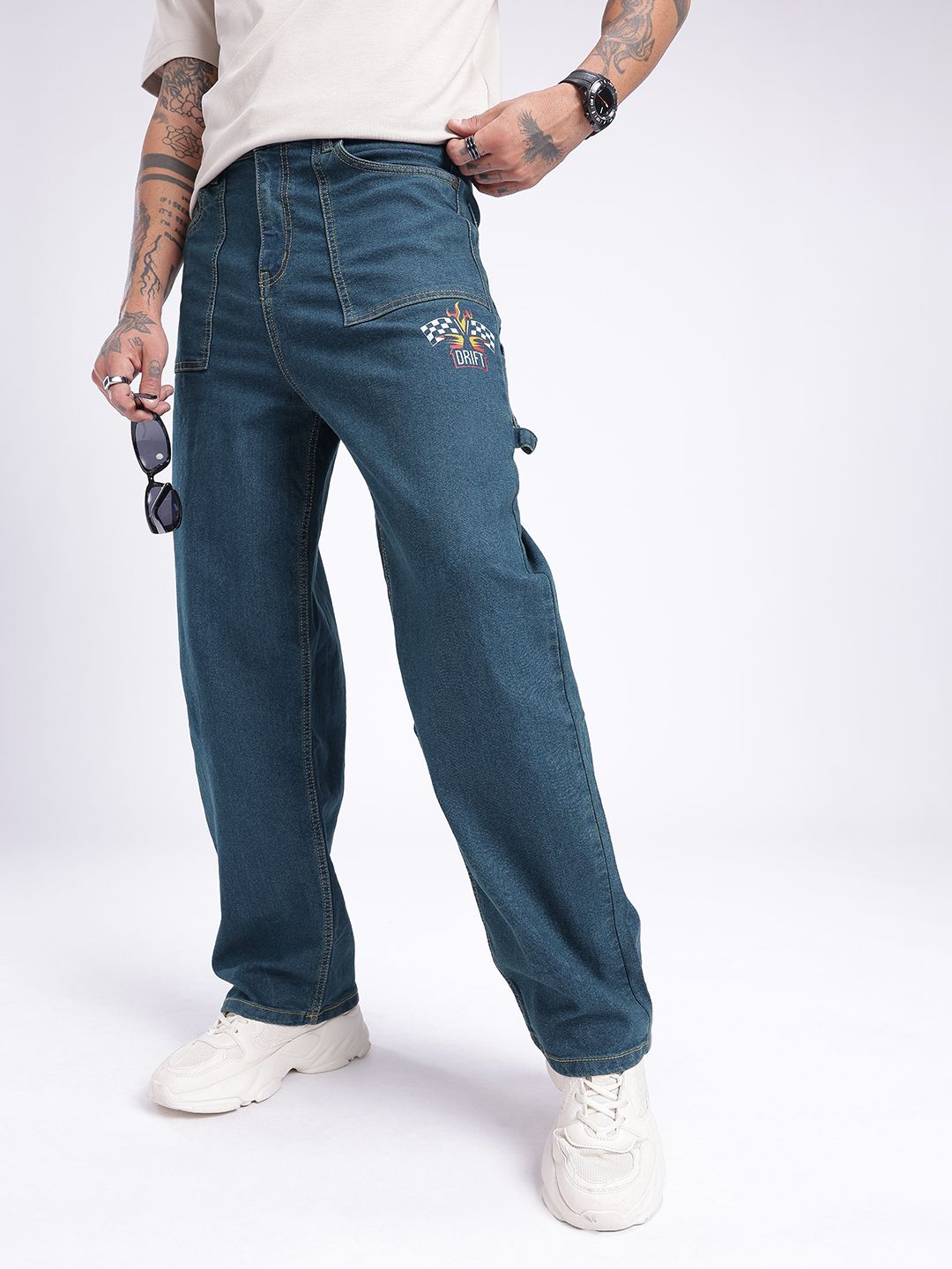 glitchez Men Loose Cropped Printed Stretchable Jeans