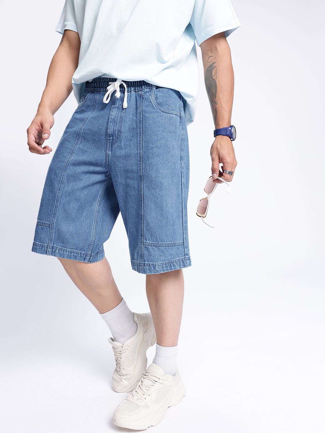 Buy glitchez Men Panelled Loose Denim Jorts - Shorts for Men