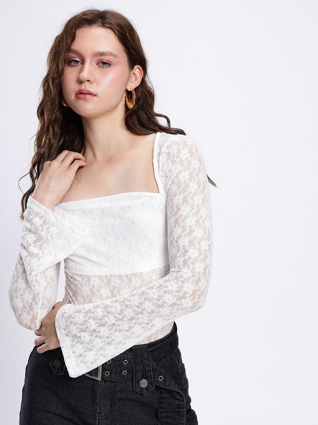 Buy glitchez Semi Sheer Lace Fitted Top - Tops for Women 31991221