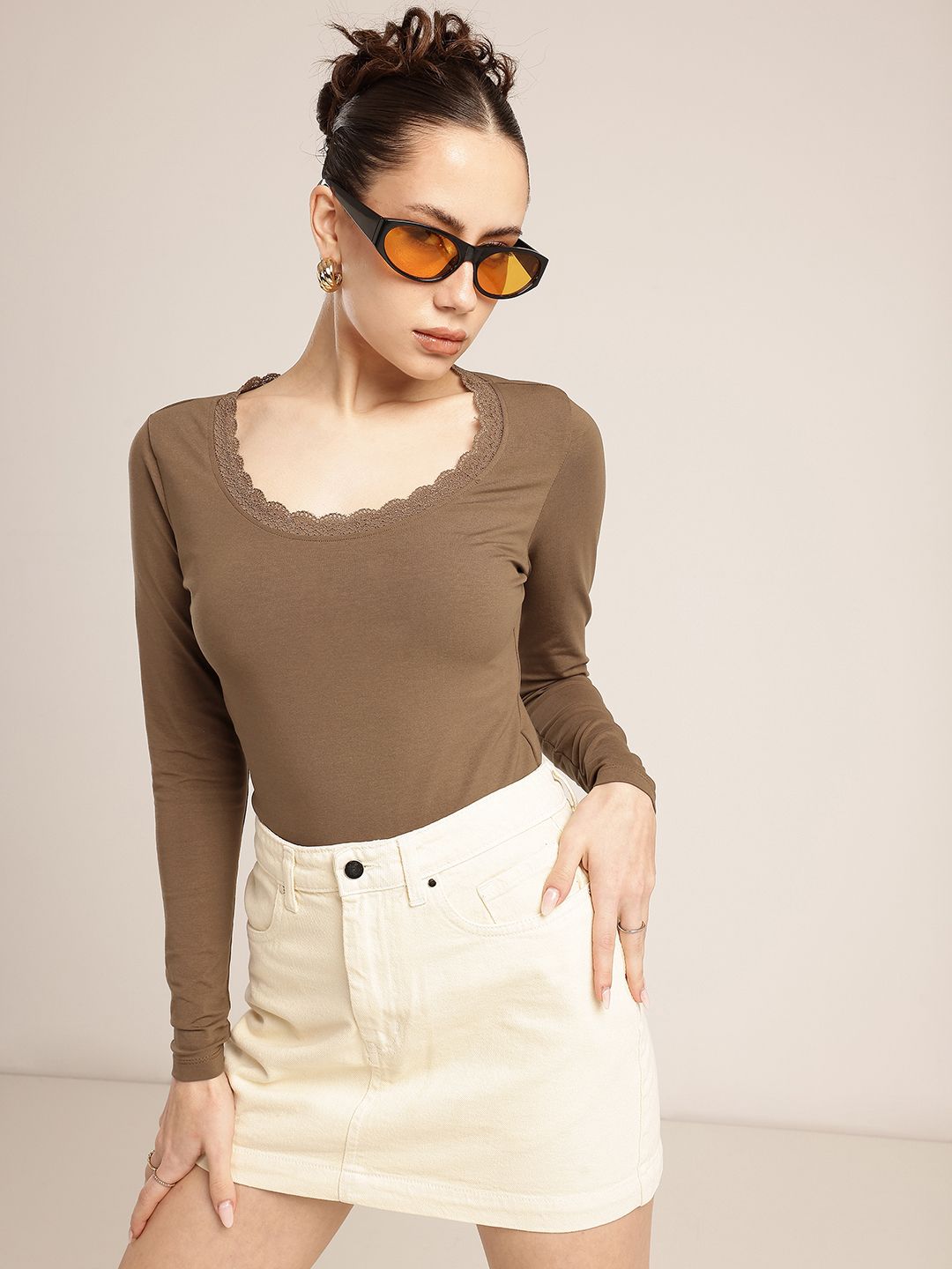 Buy glitchez Lace Insert Scoop Neck Fitted Top - Tops for Women