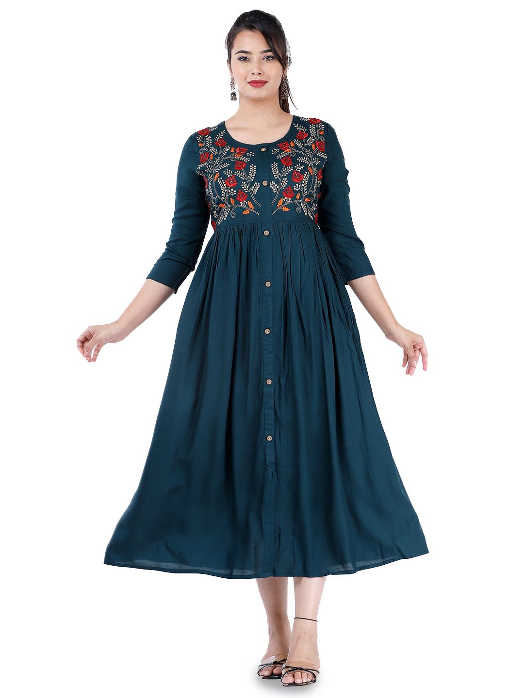 DMP EXPORT Floral Embroidered Pleated Fit And Flare Ethnic Dresses