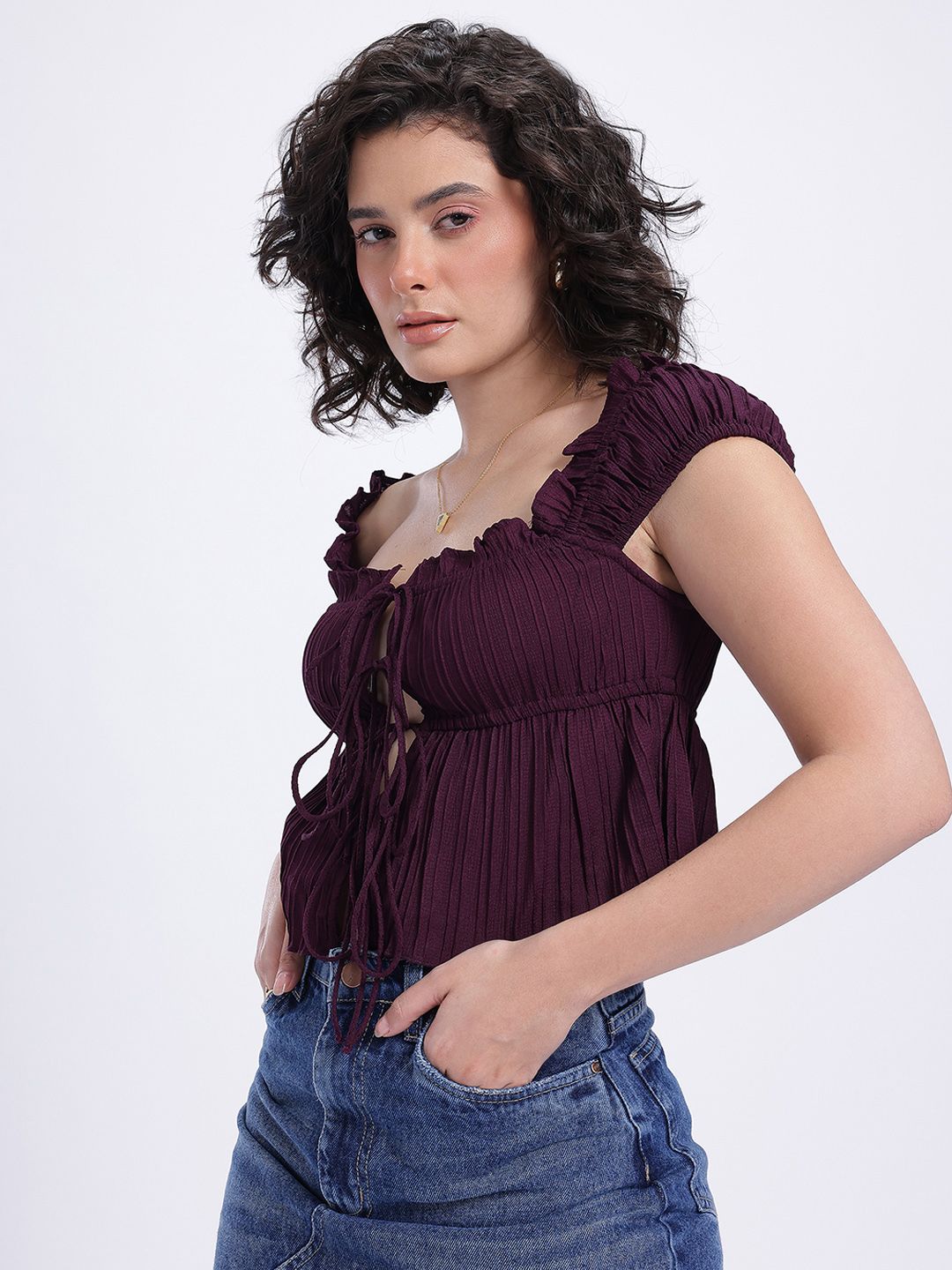 Buy glitchez Ruffle Tie-Up Detail Front-Open Top - Tops for Women