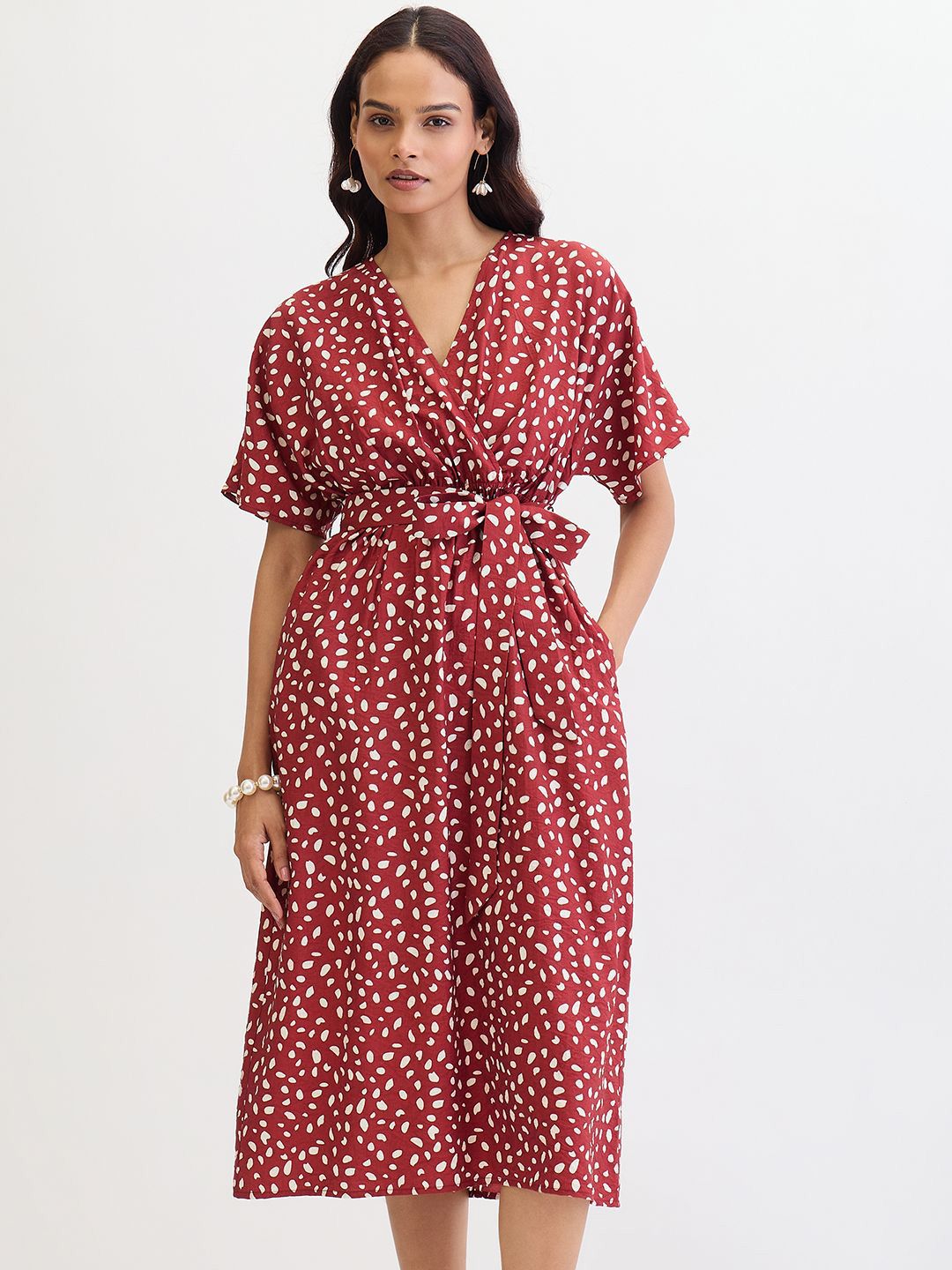 FEMMELLA Women Polka Dot V-Neck Print Wrap Midi Dress