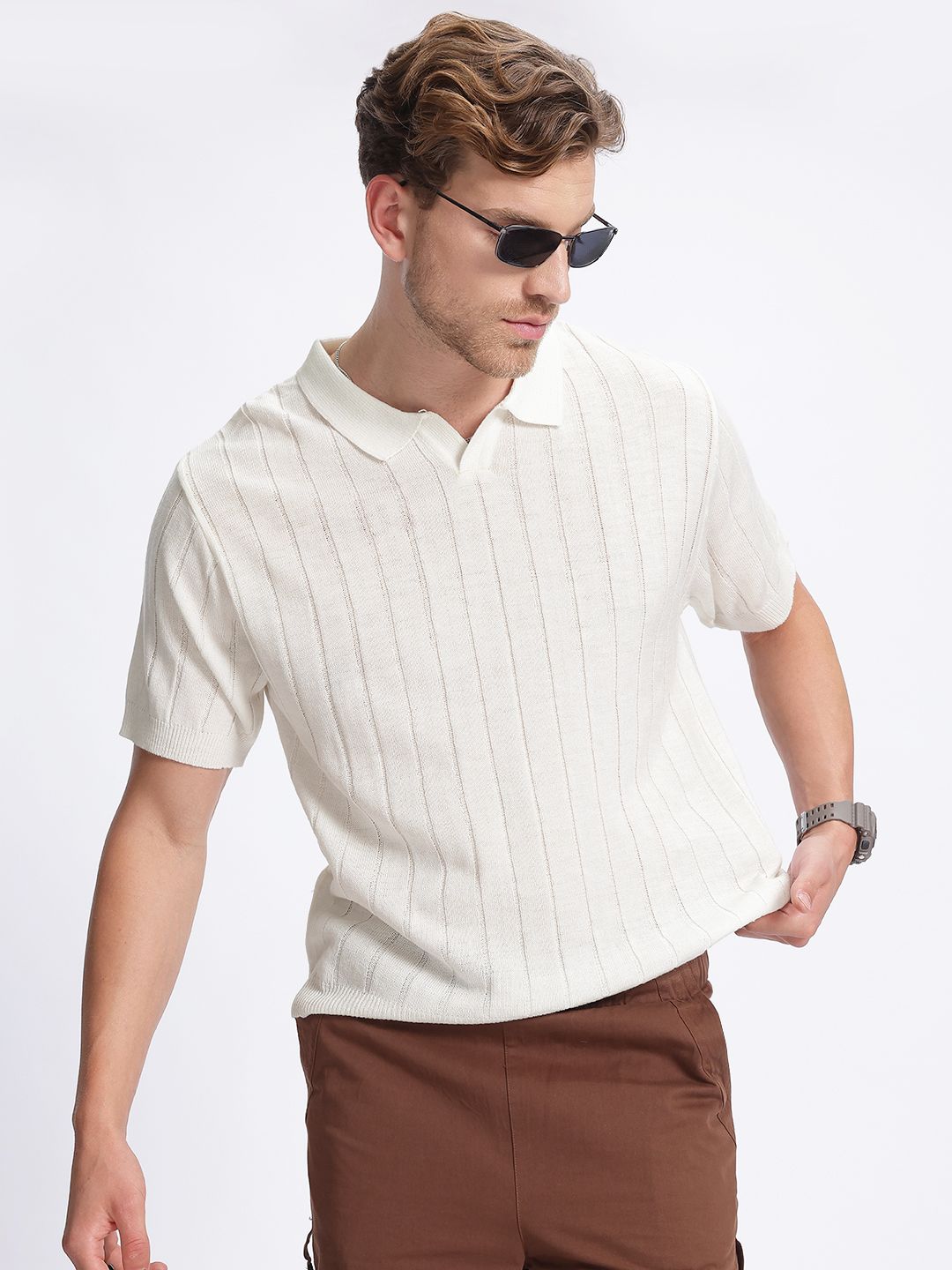 glitchez Ribbed Cotton Polo Collar T-shirt