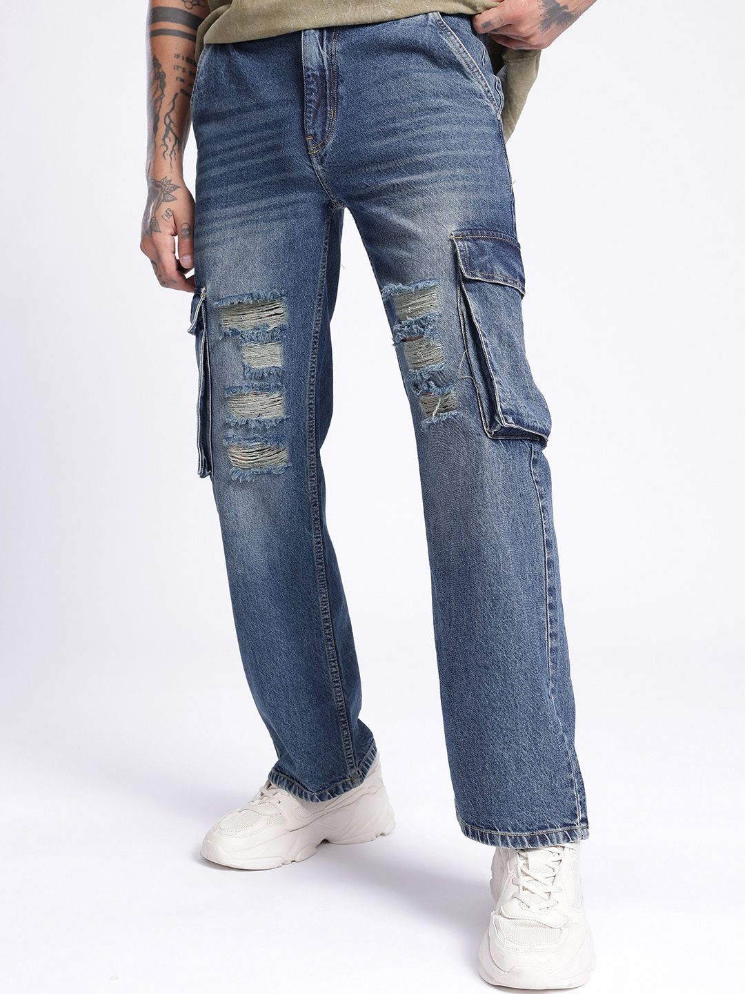 glitchez Men Relaxed Fit Ripped Heavy Fade Cargo Jeans
