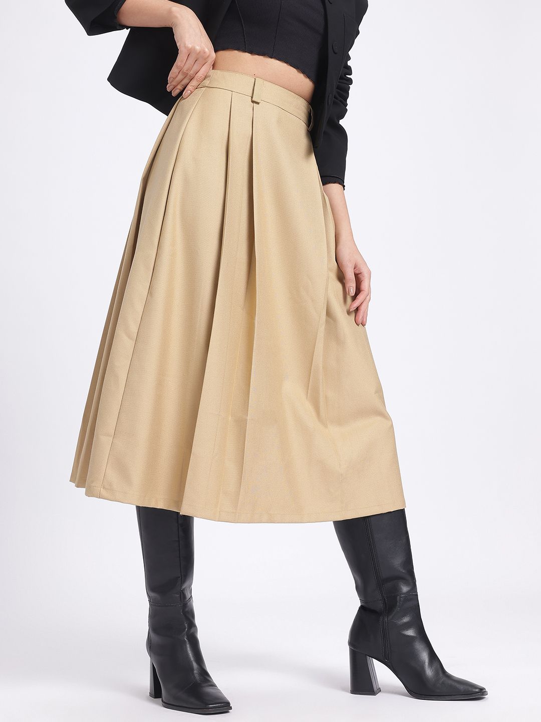 Buy glitchez Playful Sand Pleated Mid-Rise Midi Flared Skirt Buy glitchez Playful Sand Pleated Mid-Rise Midi Flared Skirt