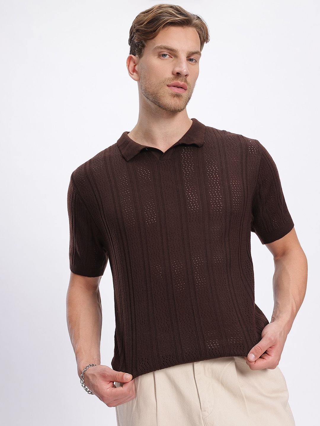 トップス genizawa / See-through Cotton Knit Polo Buy glitchez Open Knit Self-Striped Polo Collar T-shirt - Tshirts
