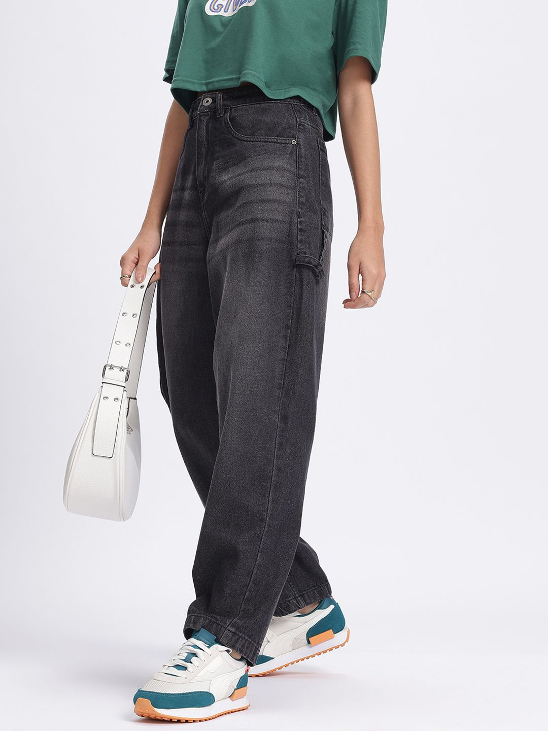 glitchez Women Mid-Rise Light Fade Pure Cotton Baggy Fit Jeans